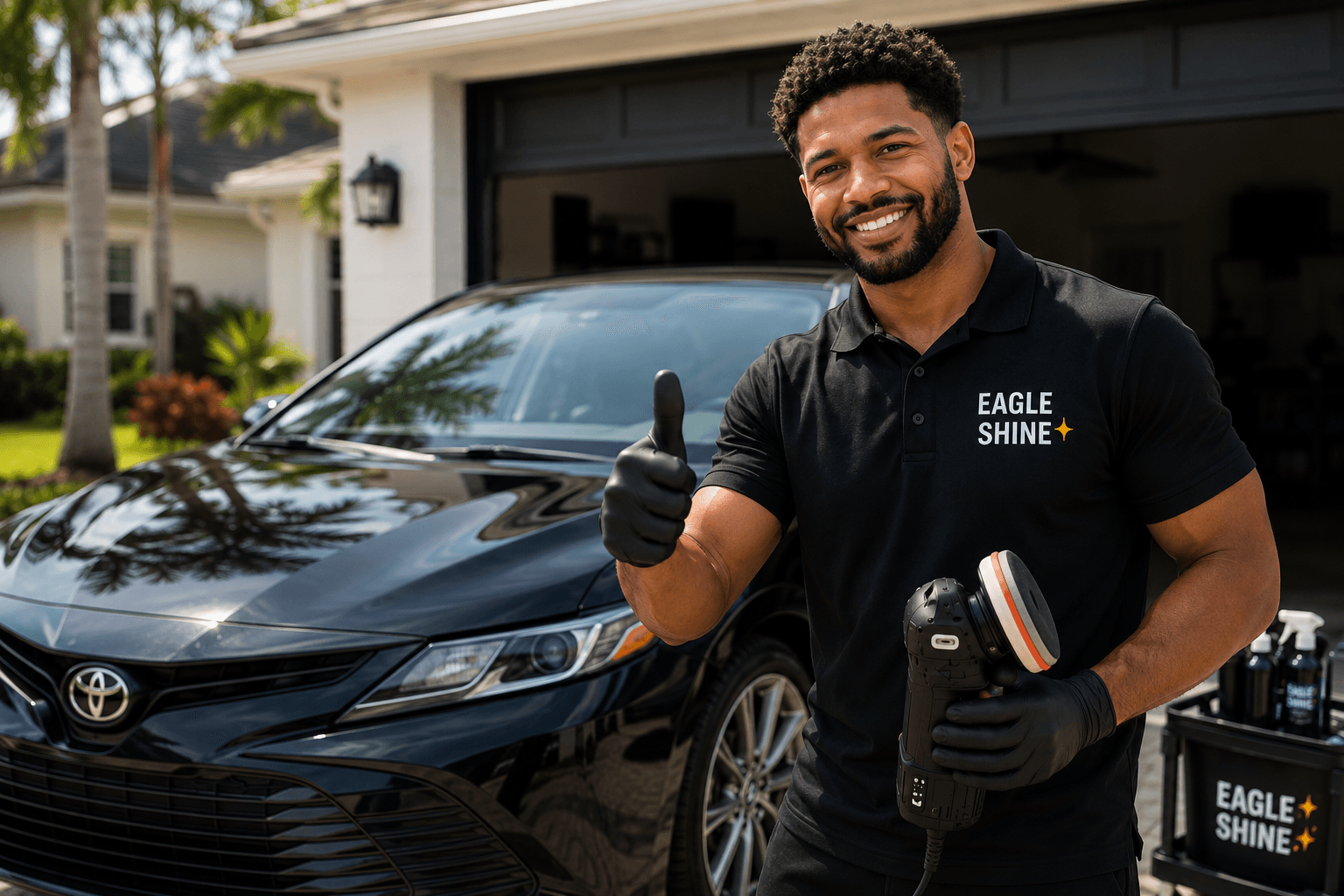 Cole Pridemore, owner and detailer at Eagle Shine, beside a freshly detailed vehicle