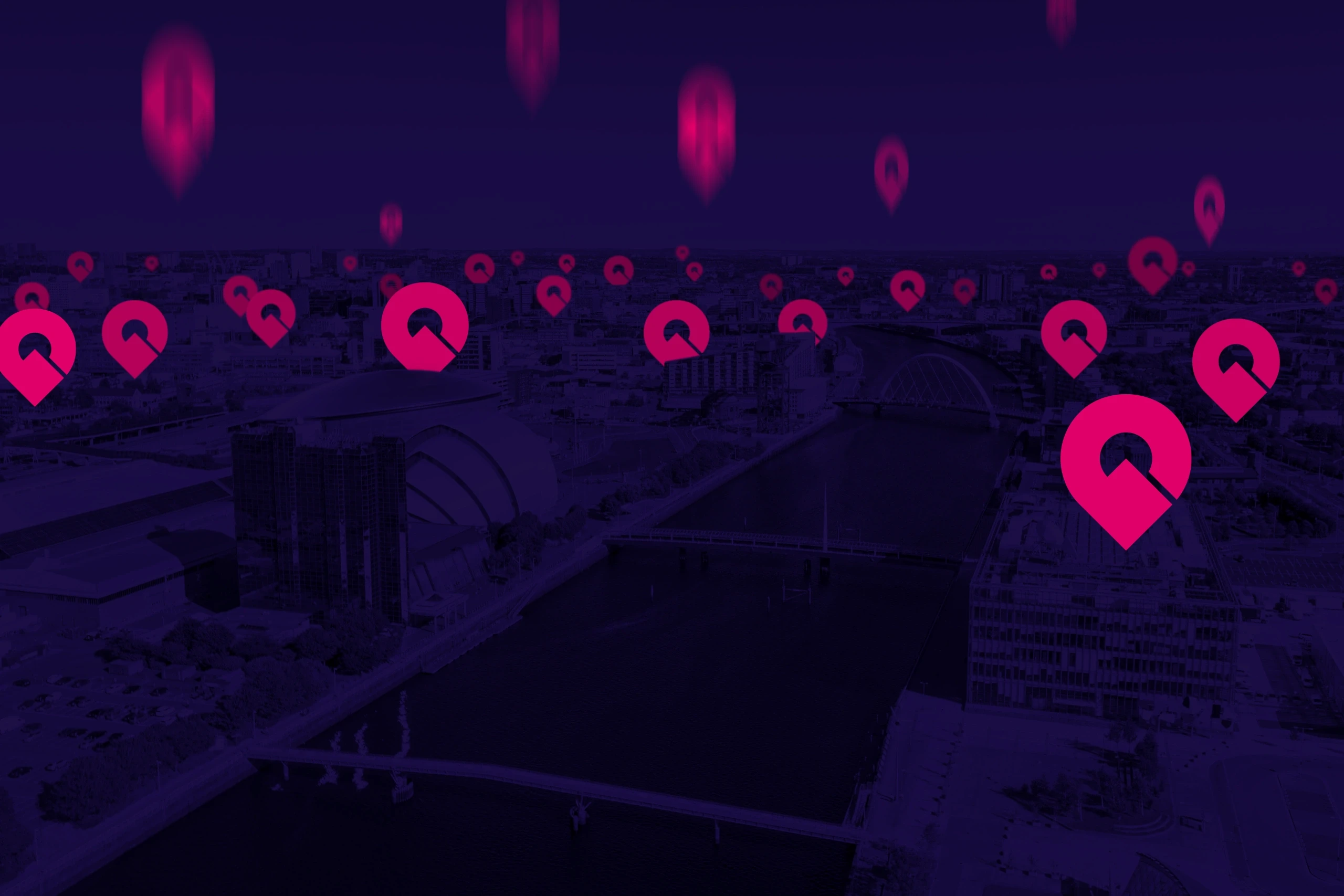 Invest Glasgow icon falling from the sky to locations around Glasgow skyline