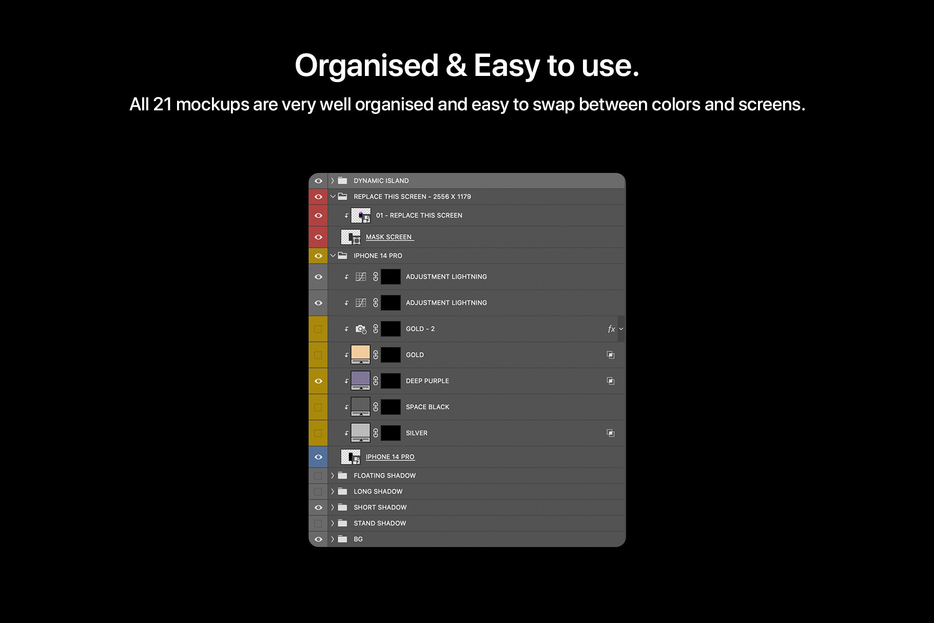 Screenshot of well-organized PSD layers, showing easy customization options for mockups.