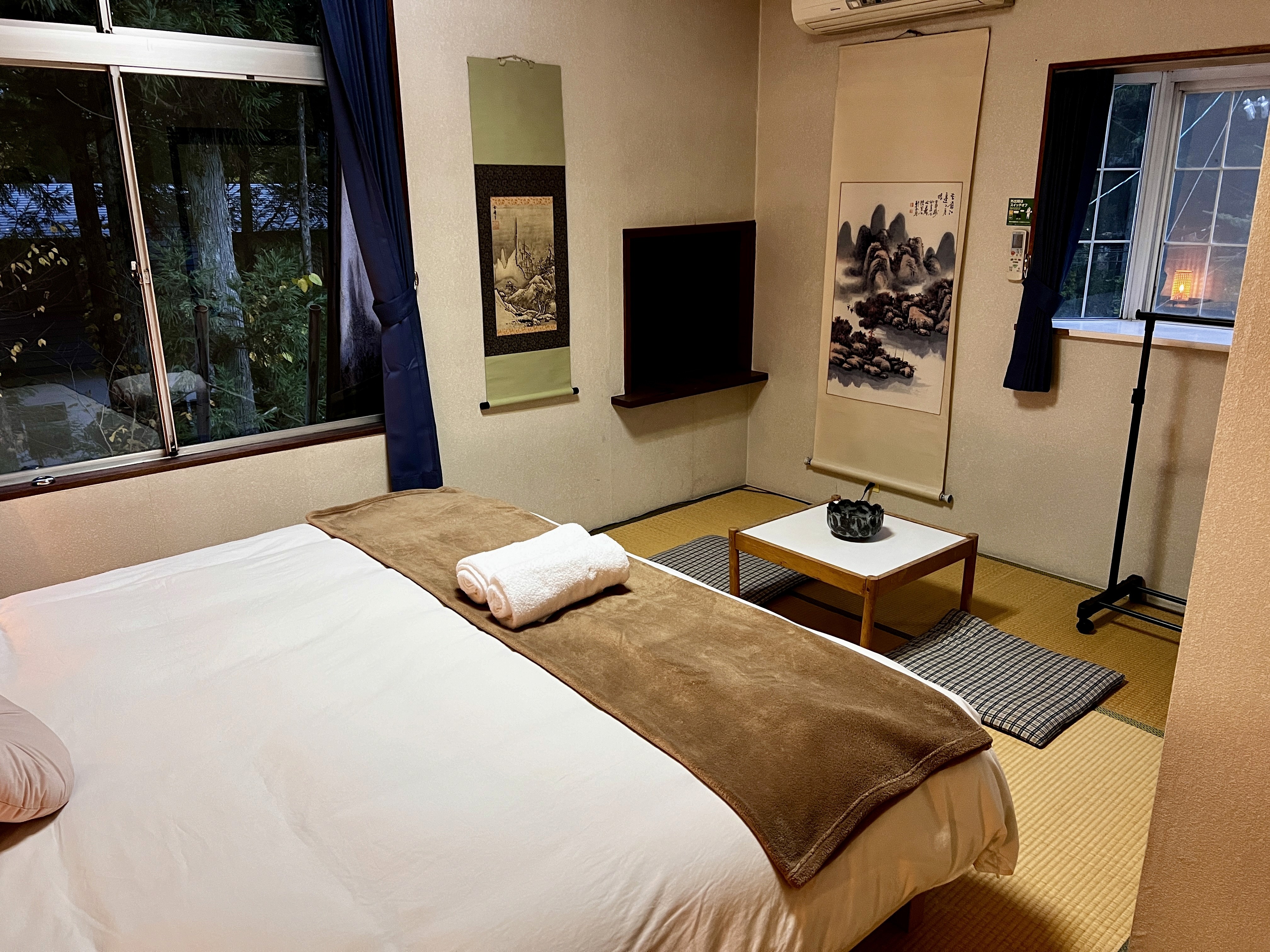 A cosy room with traditional Japanese design elements. The twin beds can be joined to create a spacious king bed. Ideal for couples or friends seeking a cultural experience.