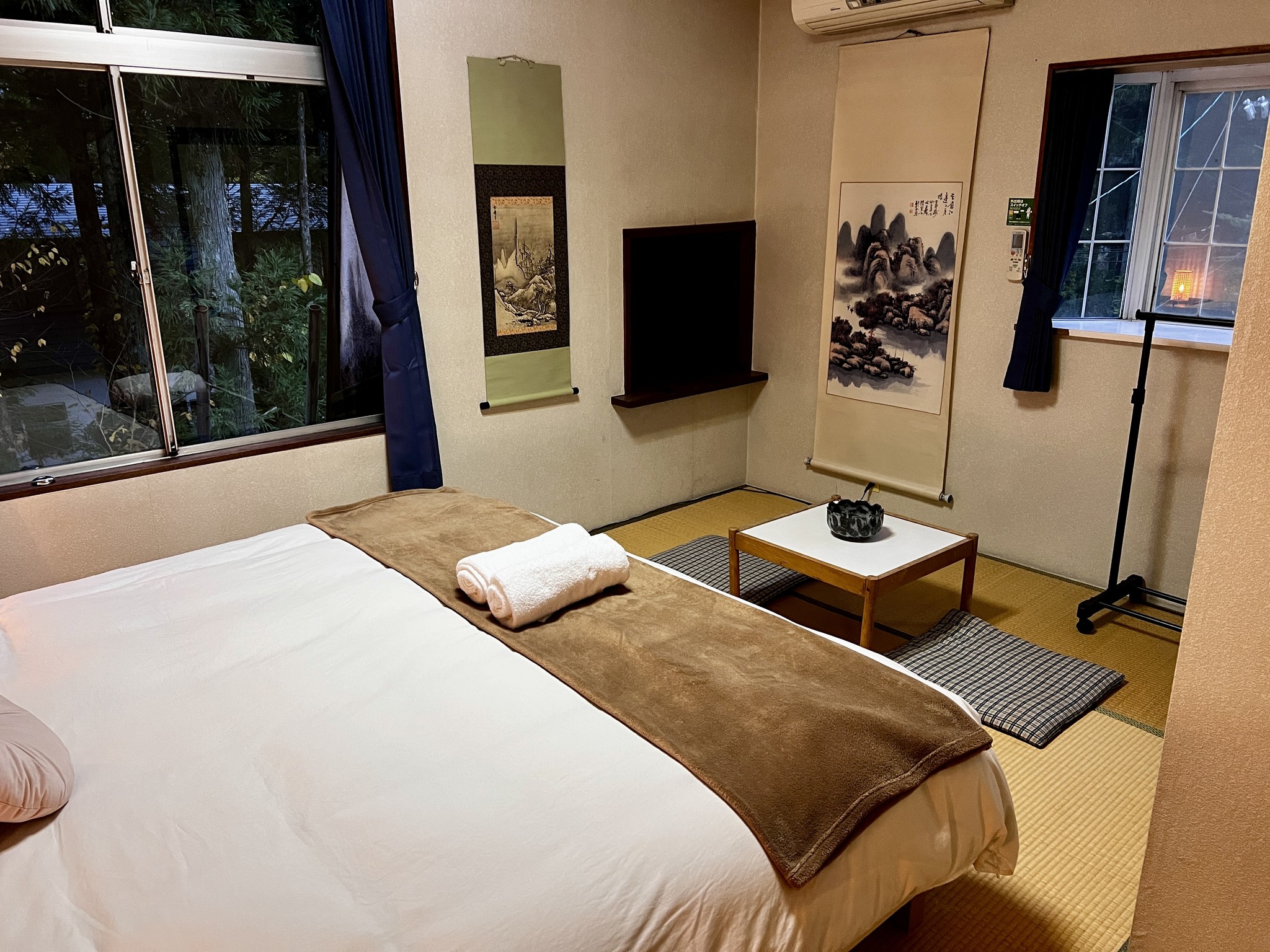 A cosy room with traditional Japanese design elements. The twin beds can be joined to create a spacious king bed. Ideal for couples or friends seeking a cultural experience.