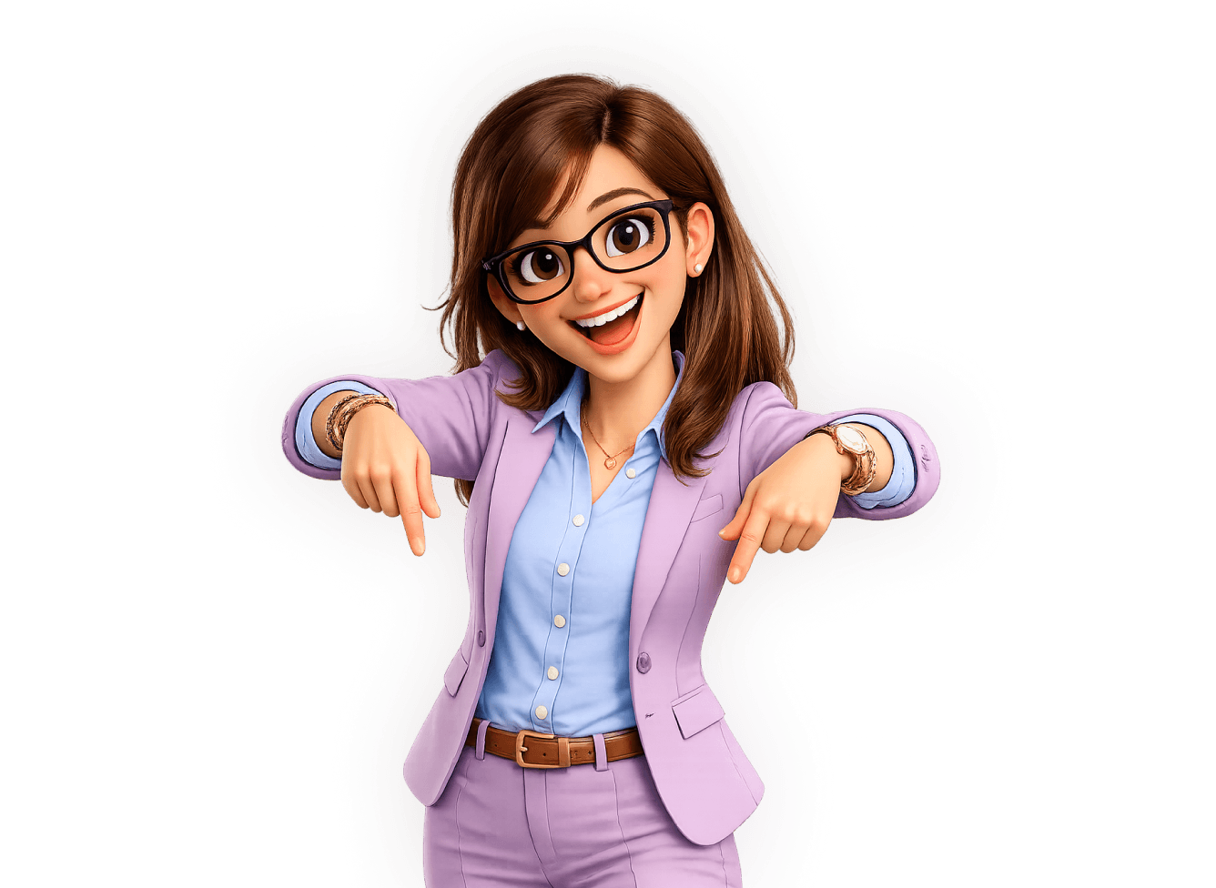 Smiling illustrated woman with brown hair and glasses, wearing a light purple suit, pointing downward with both hands.