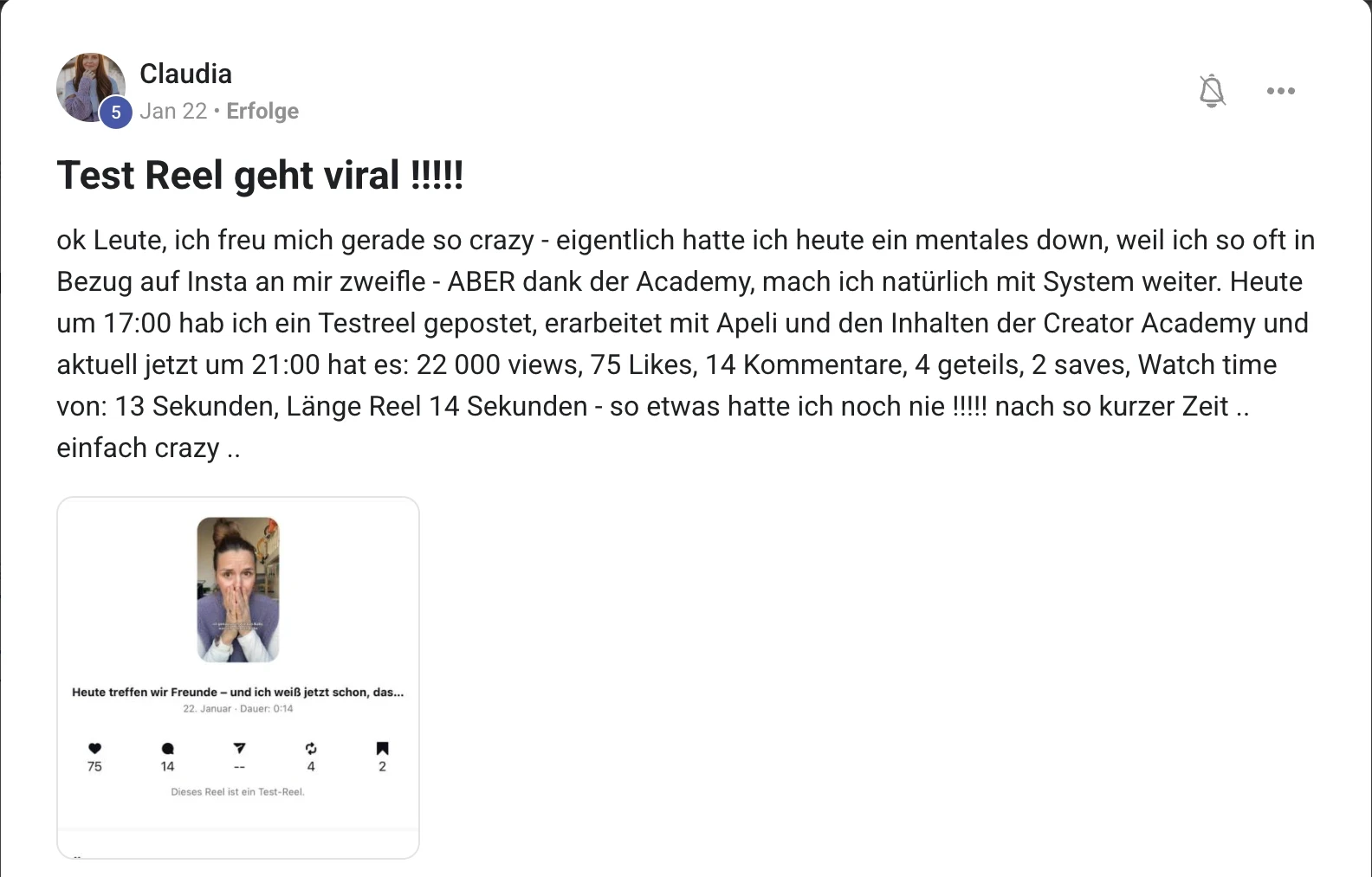Erfolgsbericht KI Creator Akademie: Claudias Instagram-Test-Reel erreicht 22.000 Views in 4 Stunden