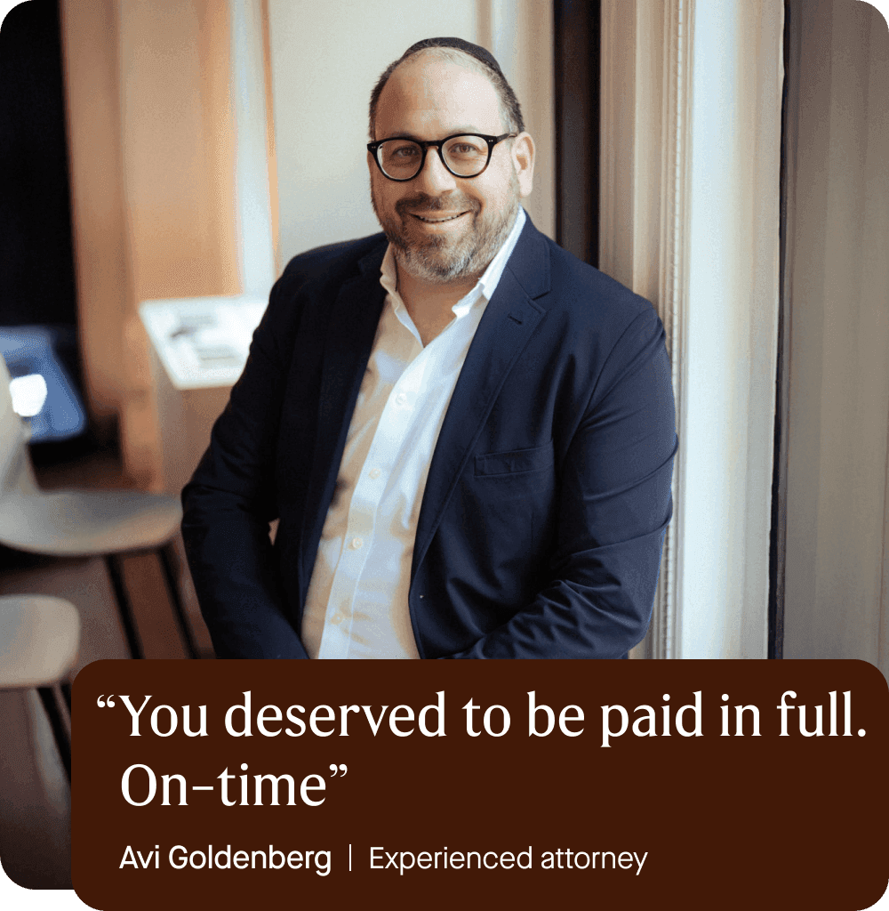 Image of Avi Goldenberg, Employment Lawyer, in his office wearing a button down shirt and suit jacket, wearing glasses. Quote overlaid.