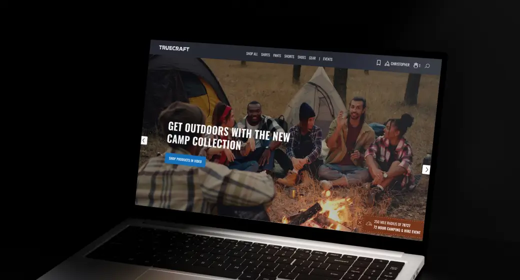 TrueCraft digital identity and website design case study showing a modern outdoor camping e-commerce site on a laptop.