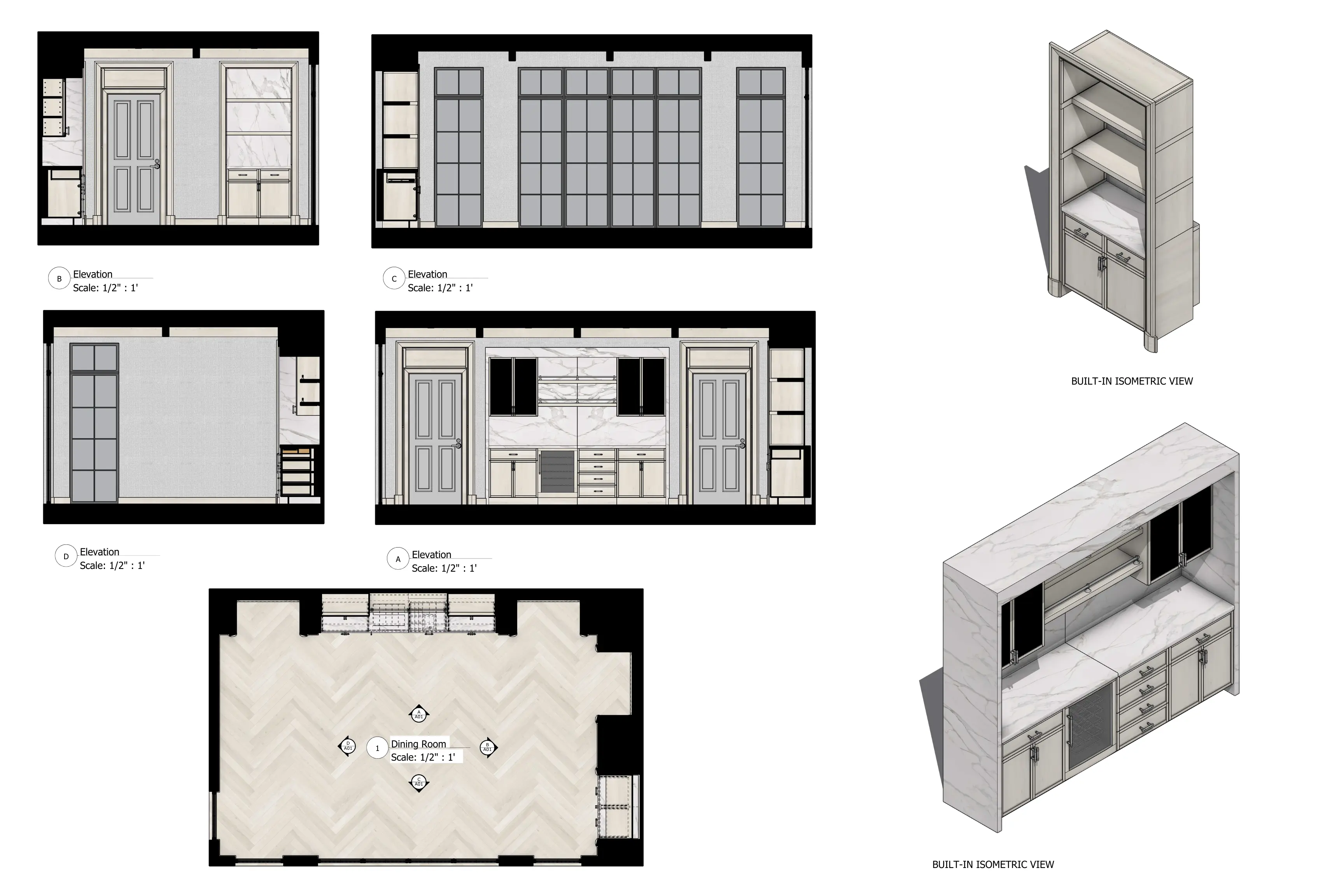 Dining room rendered floor plan and elevations
