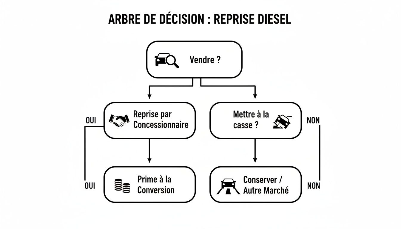 Diagramme d'arbre de décision pour la reprise d'un véhicule diesel, présentant les options de vente, mise à la casse ou conservation.