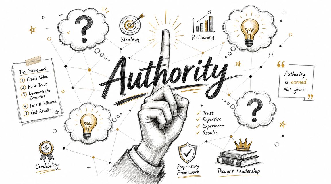 A hand drawing pointing upward to the word Authority surrounded by conceptual icons and business framework steps.