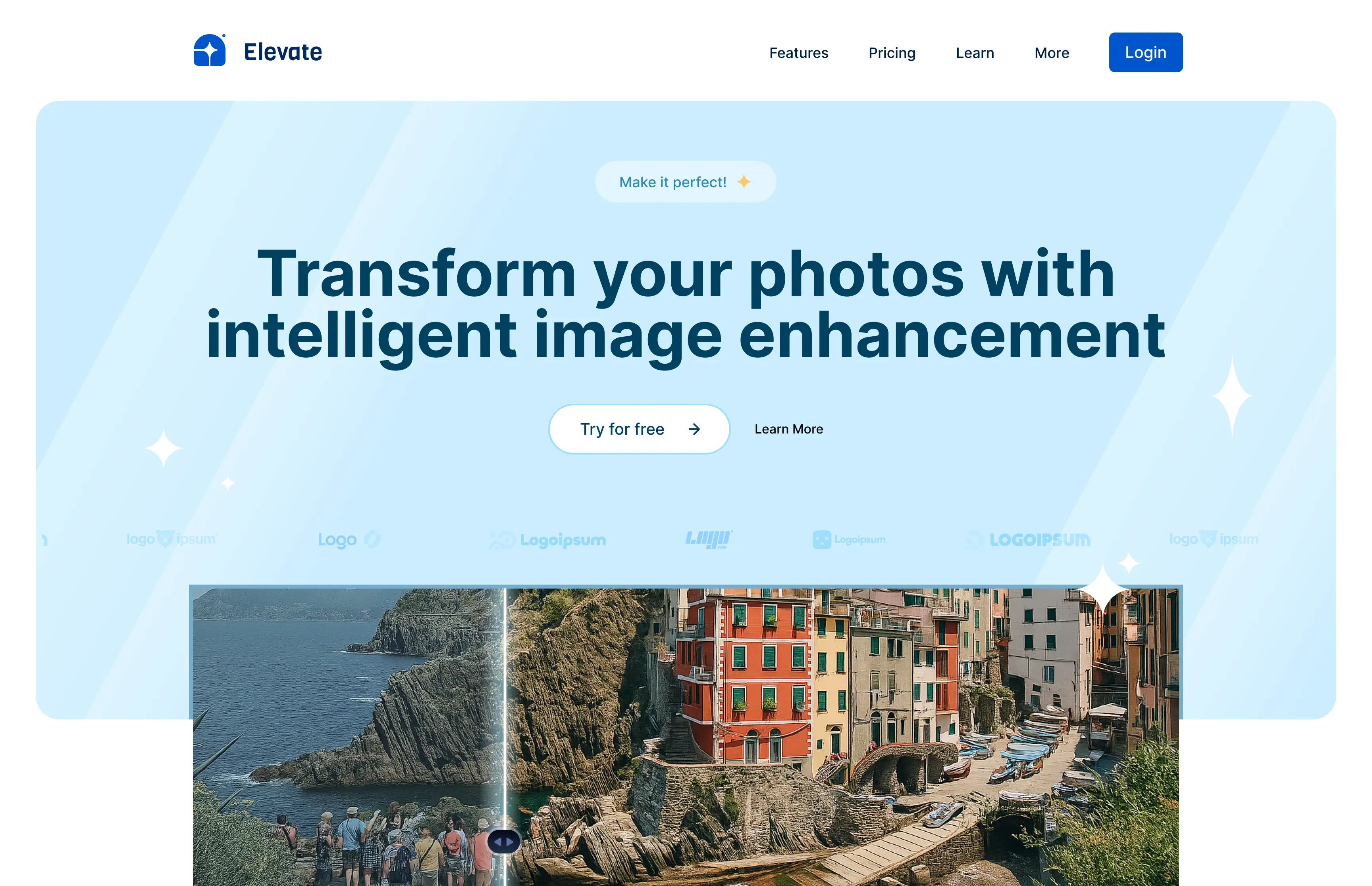 Elevate App hero section — AI image enhancement web app with split-screen before/after coastal photo.