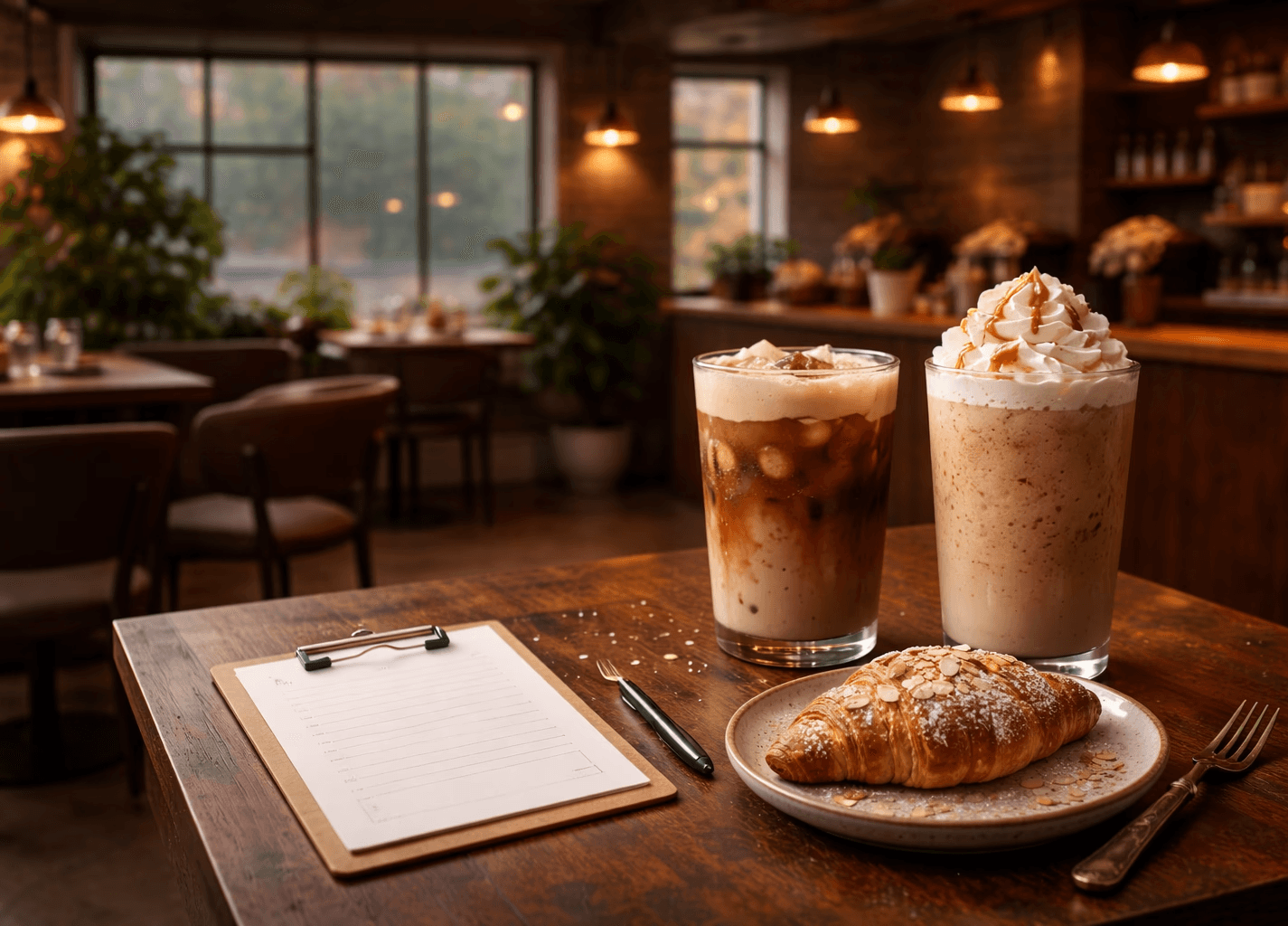 Two iced coffee drinks topped with cream served beside a croissant on a table in a warmly lit café interior, with empty seating in the background.