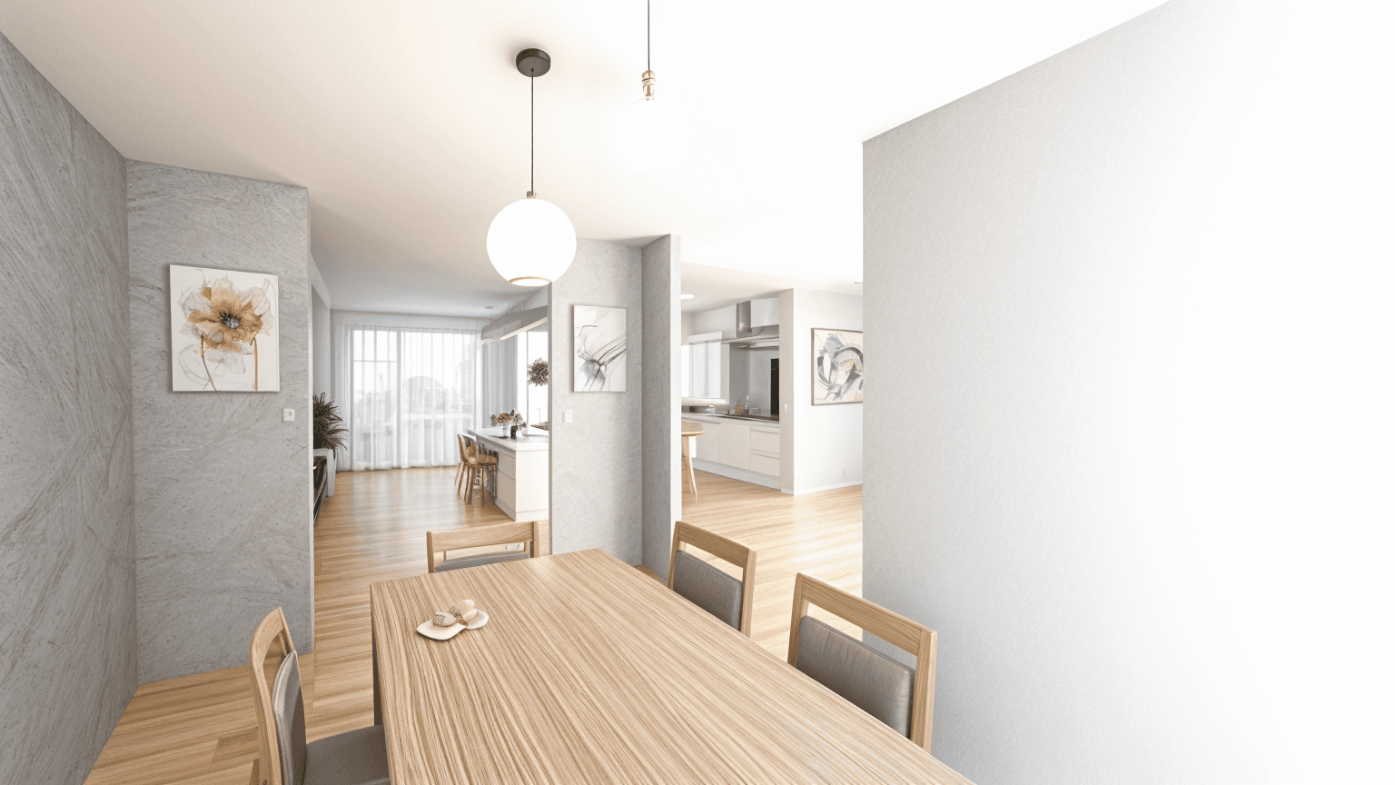 Bright and stylish dining area with natural wood elements, pendant lighting, and modern artwork, seamlessly connected to the kitchen.