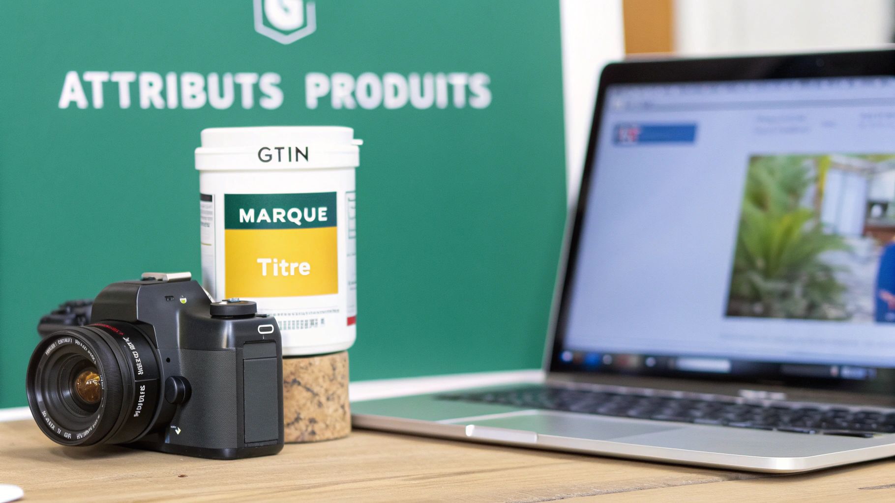 Un appareil photo, un produit avec GTIN et marque, et un ordinateur portable pour l'optimisation des attributs produits.