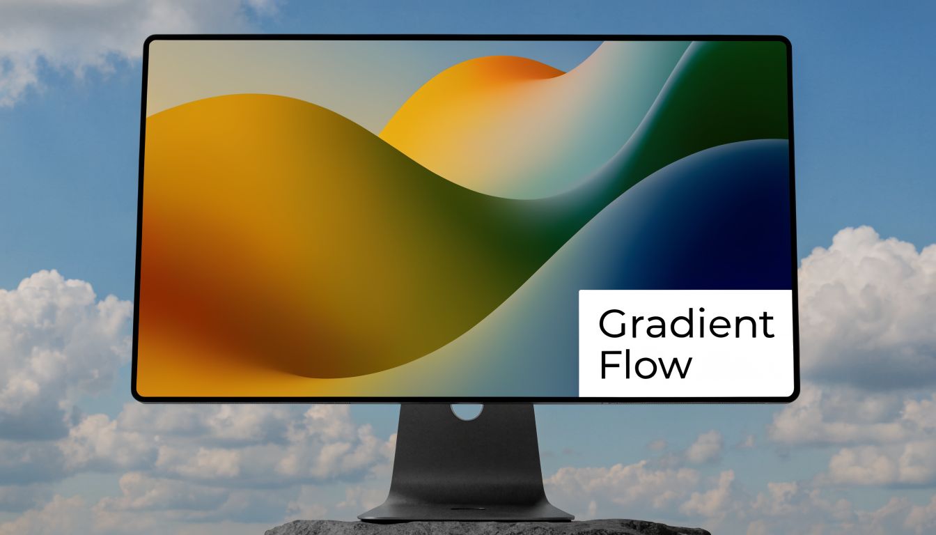 A modern computer monitor displaying a colorful, abstract gradient wave animation against a blue sky background.