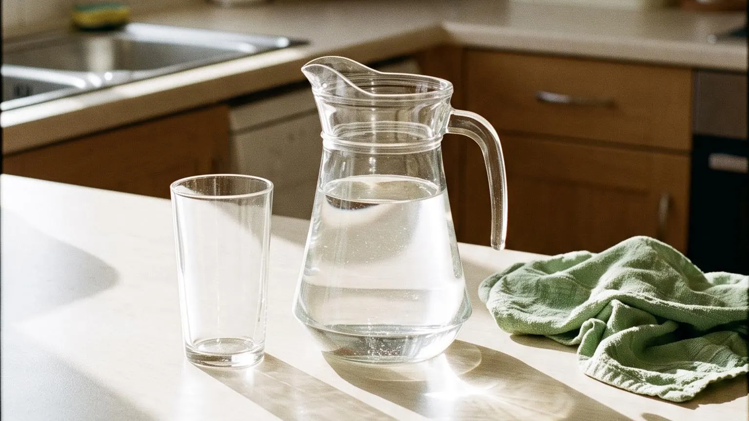 A glass jug of water and a drinking glass on a kitchen worktop in bright sun, casting sharp shadows