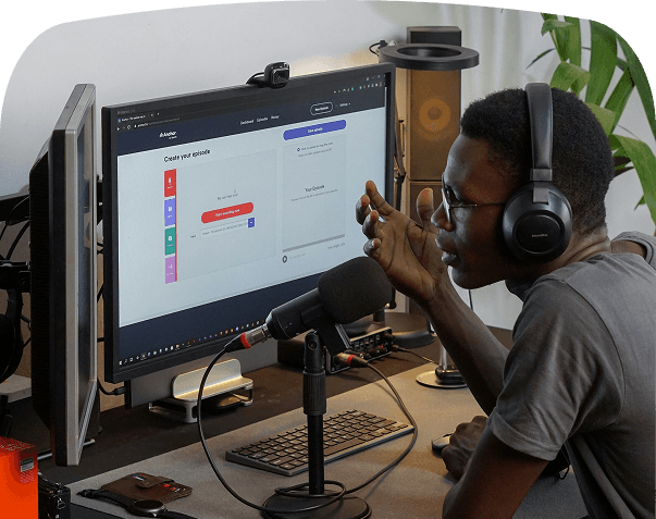 an image of an young man of african descent sitting in a couch with a podcast mic infront of him talking to another young man african descent with a podcast mic infront of him too digital photo