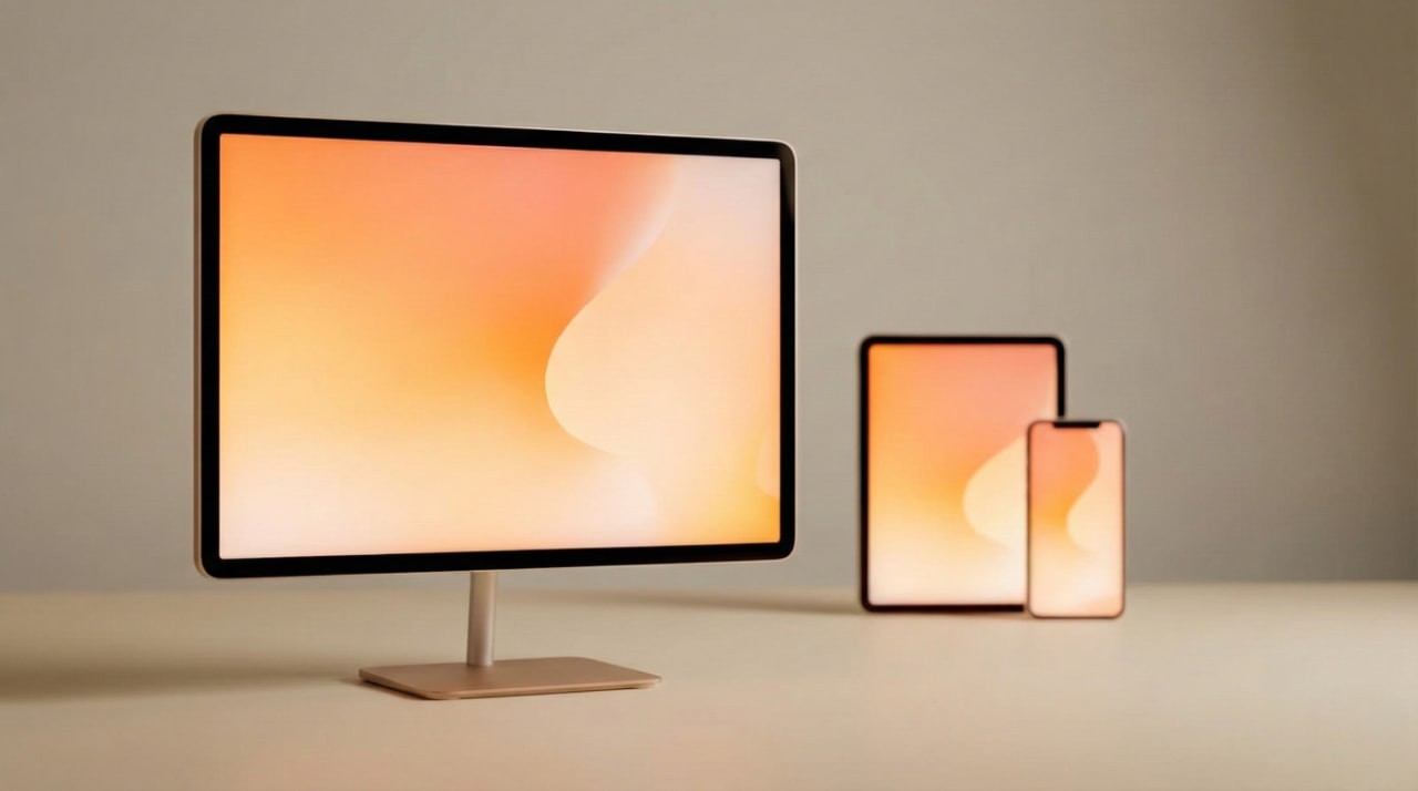 A computer monitor, tablet, and smartphone with matching orange backgrounds are displayed on a beige surface, conveying a modern, minimalist aesthetic.