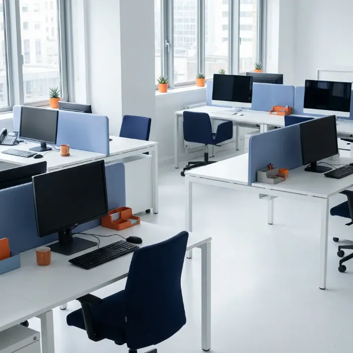 Bureau open space moderne et lumineux avec des bureaux blancs, des écrans d'ordinateur et des cloisons bleues.