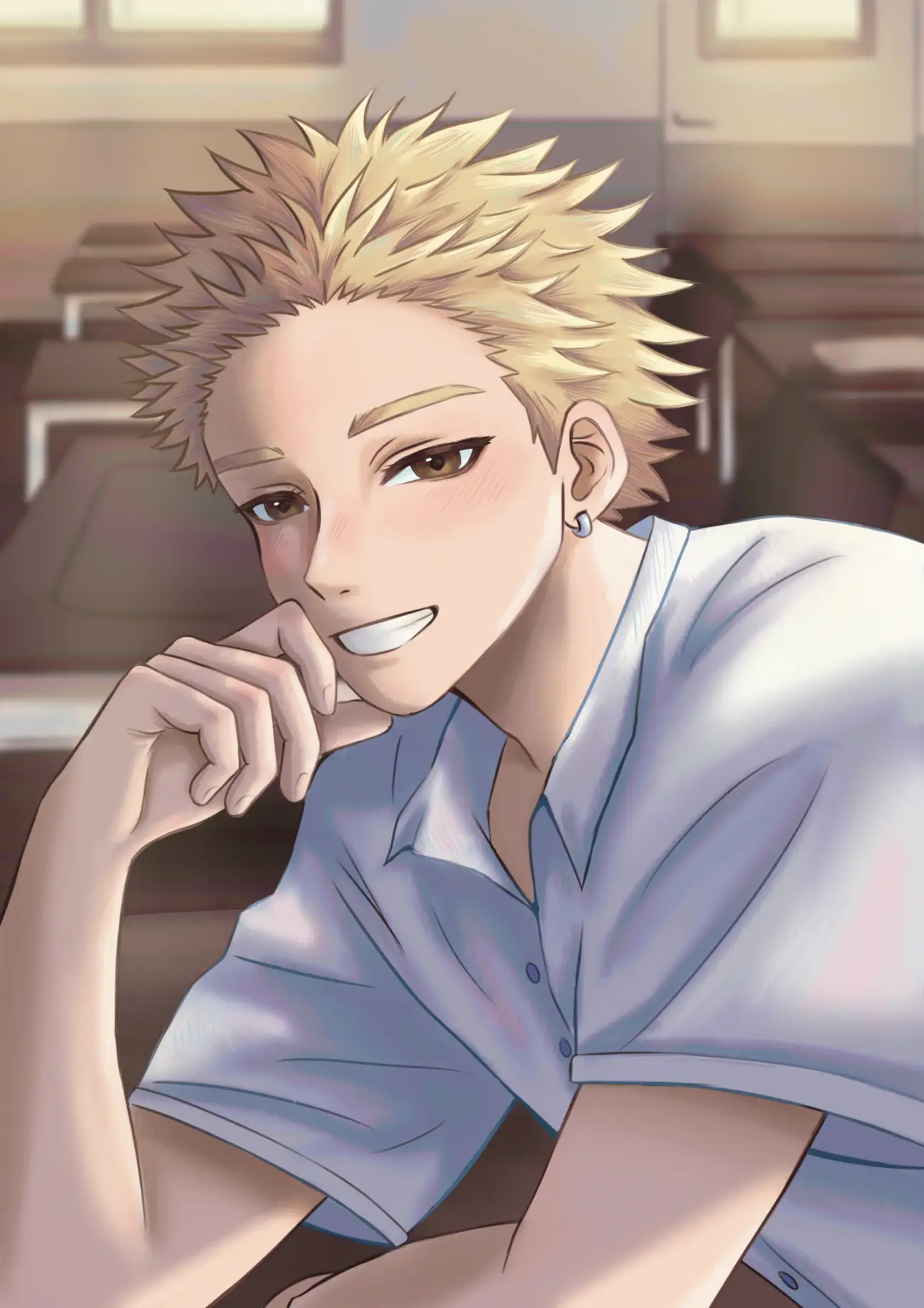 Digital anime-style portrait of blonde-haired Rintaro smiling in a school classroom setting - by Tiffany Springett.