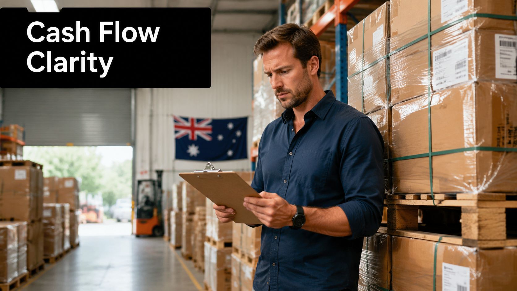 A professional man checking inventory on a clipboard in a warehouse with stacked boxes and Australian flag.