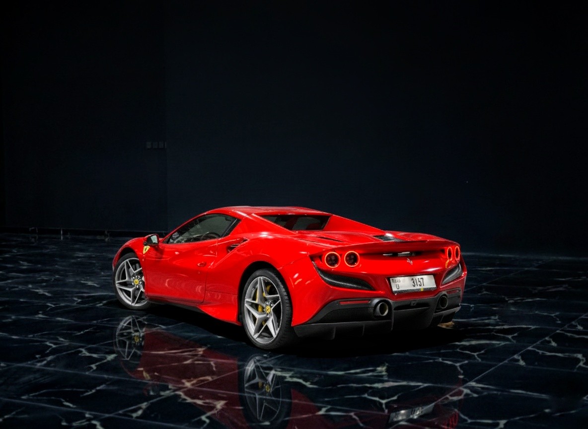 Ferrari F8 Spider 2023 rear view showcasing aerodynamic design, premium Ferrari rental in Dubai