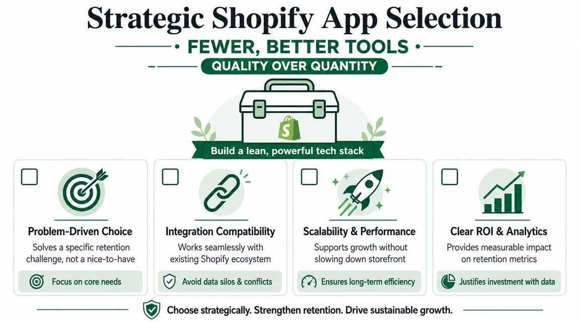 An infographic titled Strategic Shopify App Selection illustrating four key principles for building an efficient e-commerce tech stack.