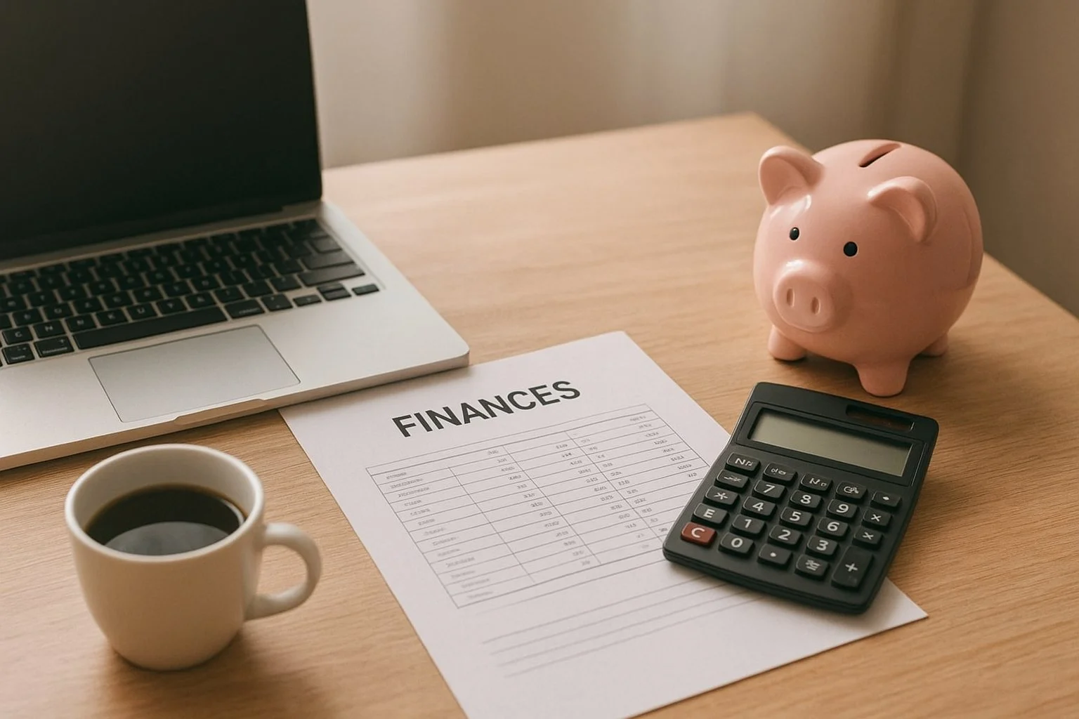 Small office desk with a laptop, calculator, financial paperwork, coffee cup, and piggy bank, symbolizing a small business owner managing multiple tasks.