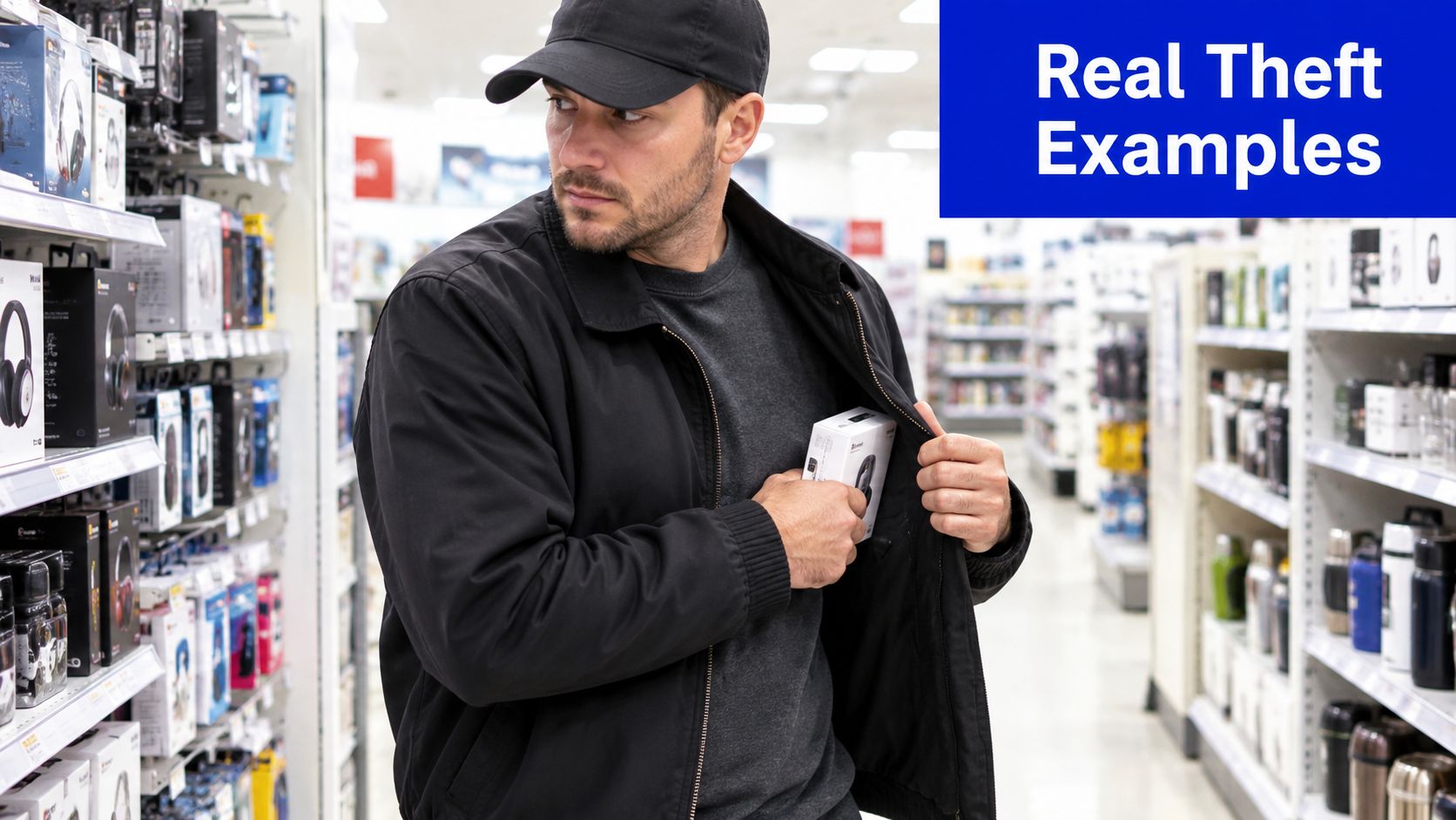 A man in a black jacket and baseball cap shoplifting a boxed electronic product inside a retail store.
