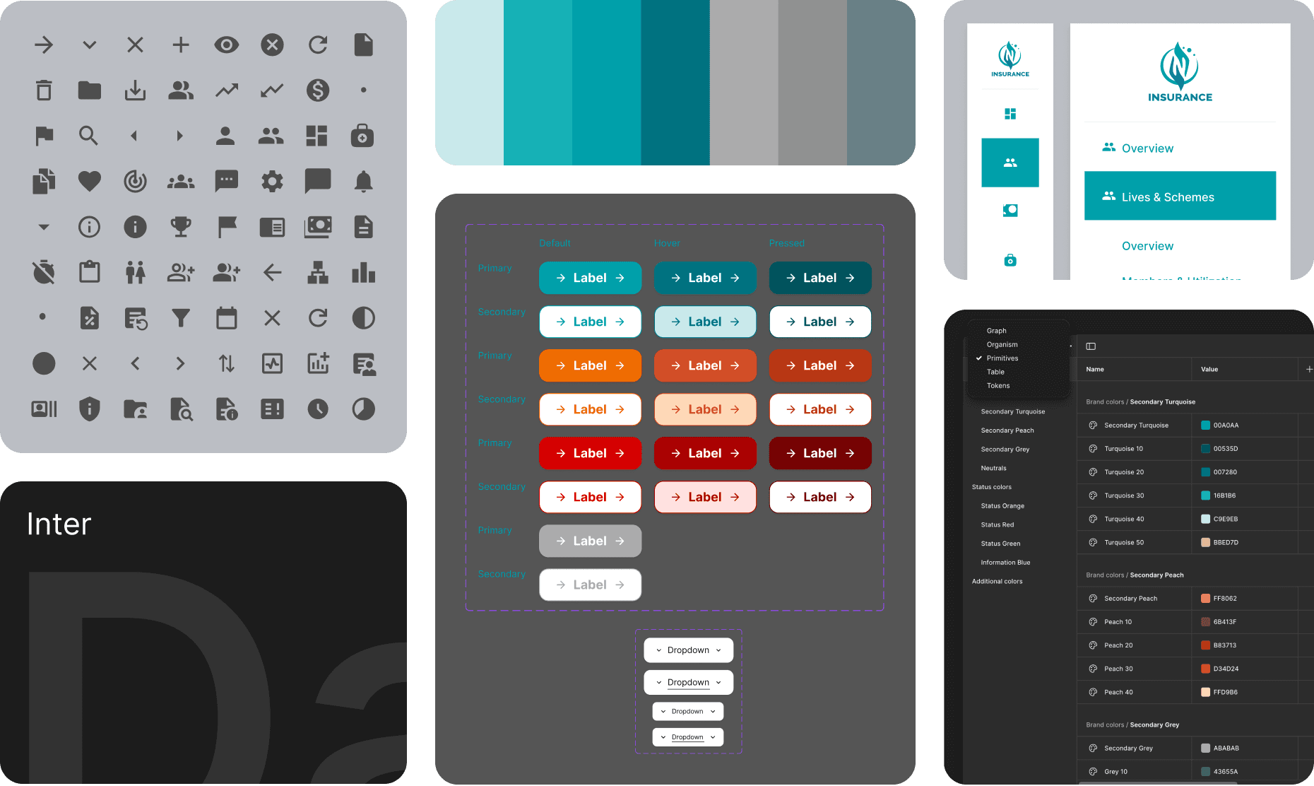 Diferent components of design system: icons, typography, colors, buttons, inputs, drop downs, side bar