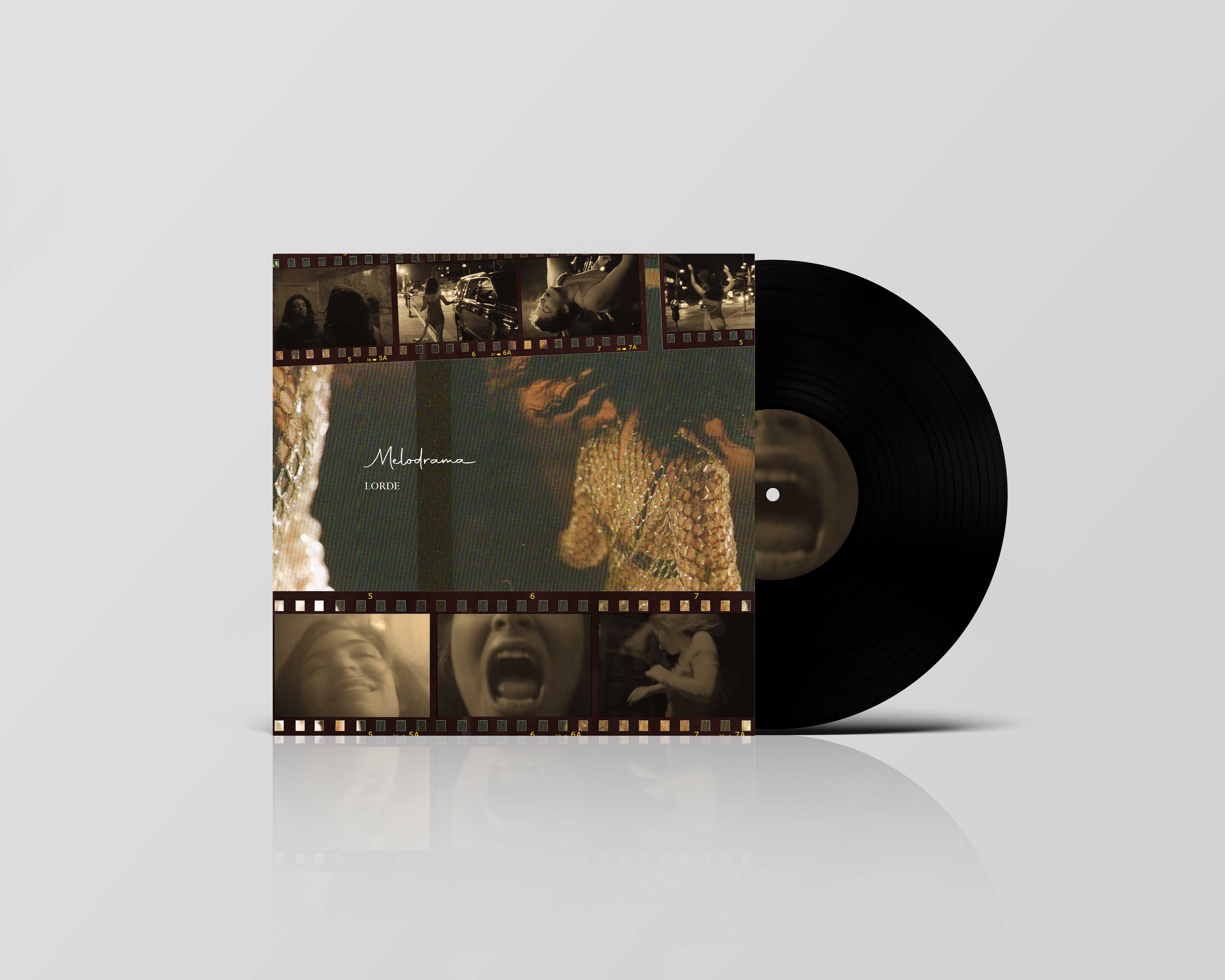 A mockup of a record cover with a vinyl.