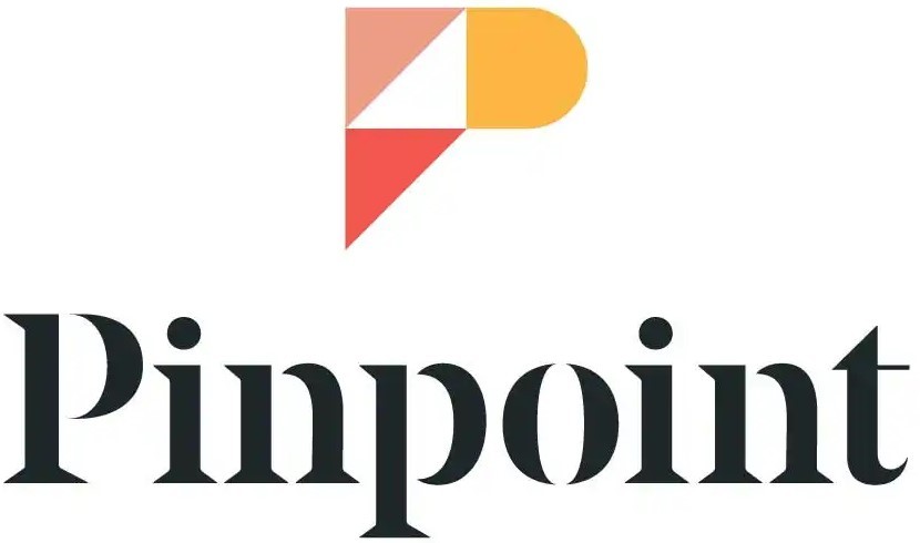 Pinpoint logo with a geometric "P" design in yellow, red, and white above black serif text.