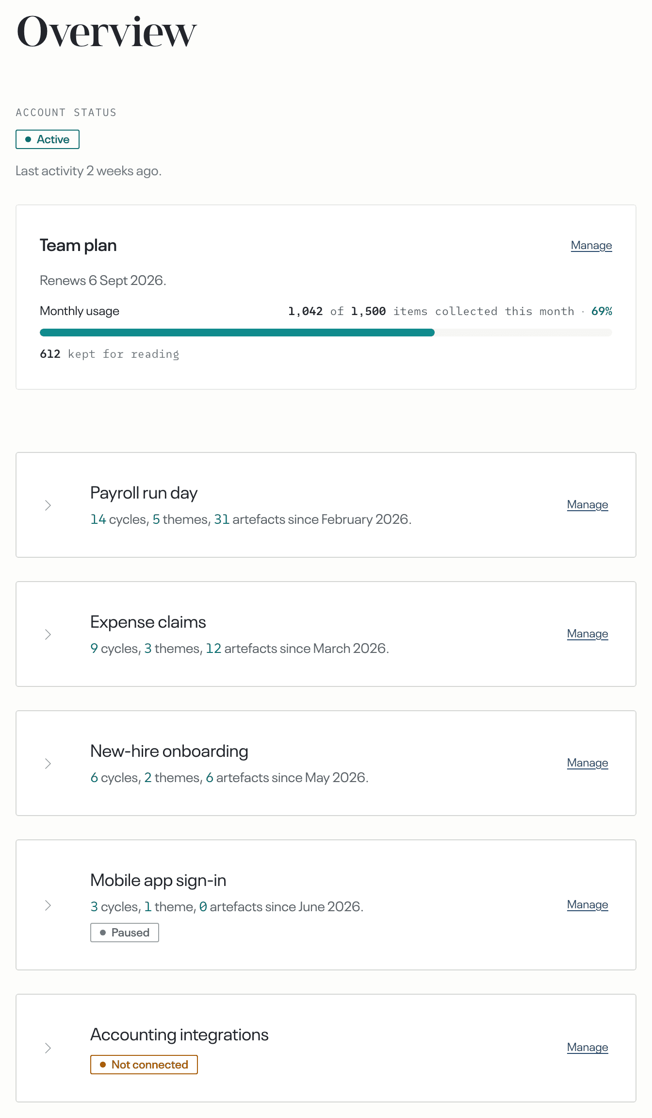 the Overview · an Active account on the Starter plan, with one topic row collapsed