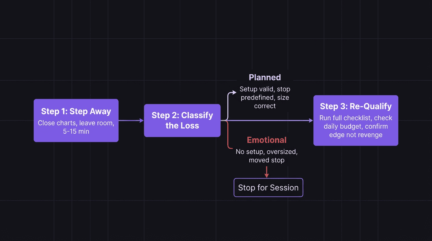 Flowchart of the 3-step post-loss reset process: step away, classify the loss, re-qualify