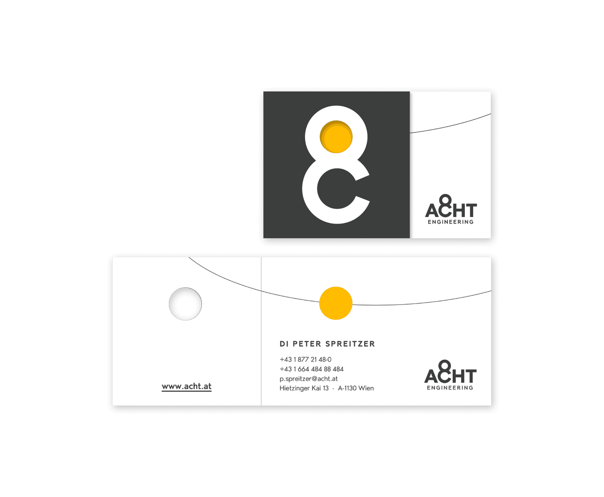 Klappvisitenkarten mit runder Stanzung als Fenster. Entwicklung einer konsistenten Geschäftsausstattung zur Stärkung der Markenidentität über alle Touchpoints hinweg