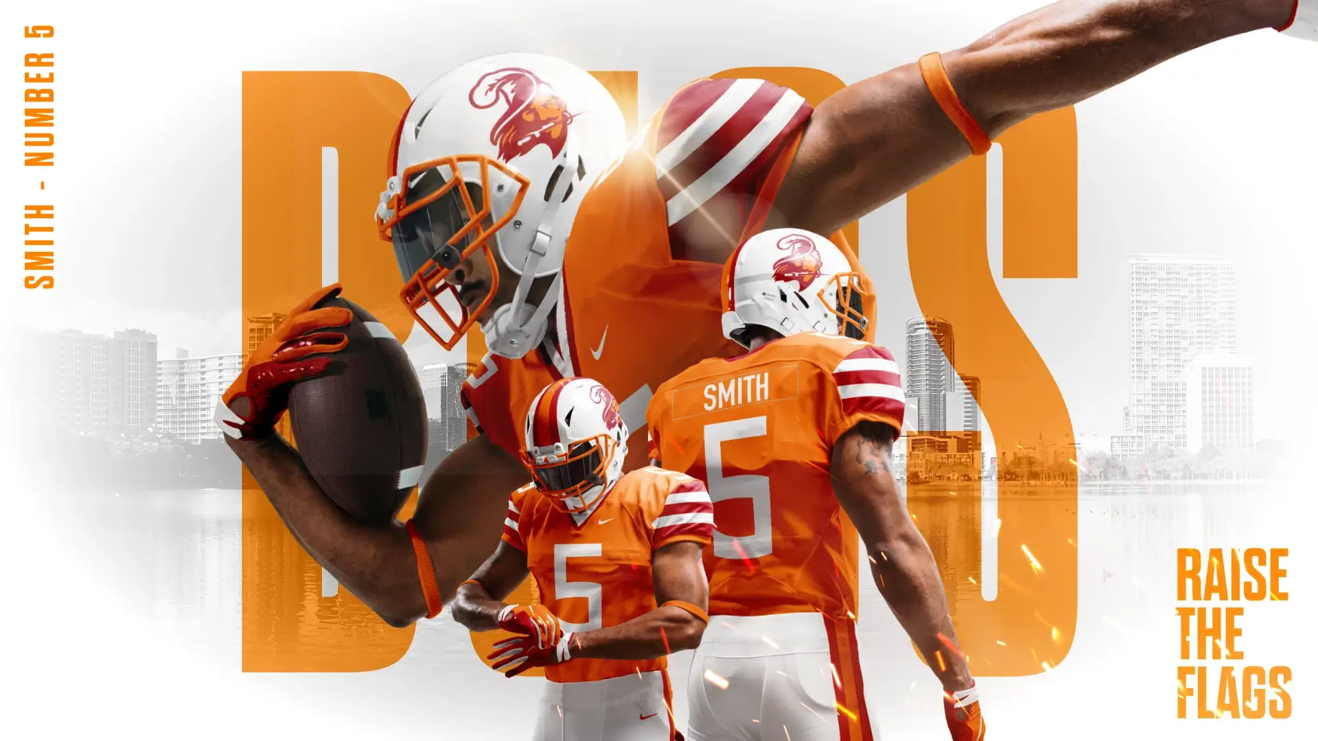 A football player in an orange uniform, helmet, and gloves leaps with a ball against a city backdrop. Bold orange text and dynamic energy are highlighted.