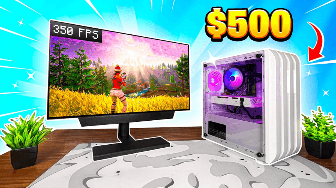 Gaming PC setup for $500 featuring a vibrant desktop monitor displaying 350 FPS gameplay in a colorful outdoor game scene. The sleek white gaming PC tower is illuminated with purple LED lighting, ideal for budget gaming PC builds 2023. A perfect choice for those seeking the best gaming PC build 2023, most popular gaming PC, or complete PC builds. Highlighting high-end computers, gaming configuration, and gaming finance options for gamers looking for the best gaming computer Black Friday deals or affordable gaming PCs online.