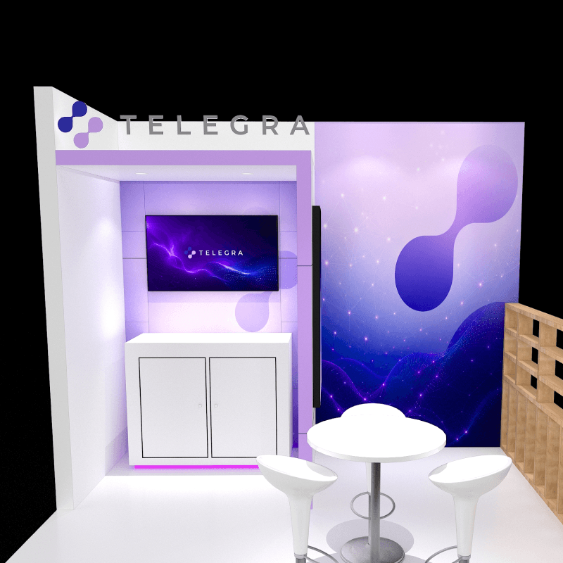 10x10 branded backwall booth with screen presentation area