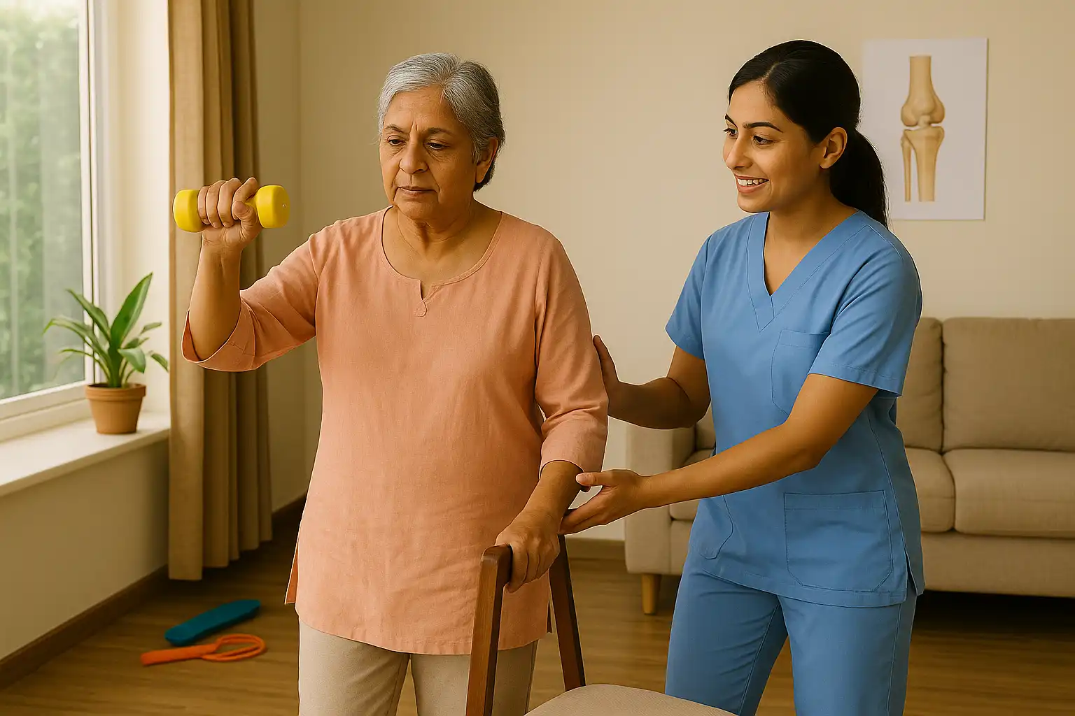 Osteoporosis and geriatric care physiotherapy featuring a therapist assisting an elderly woman with light arm strengthening using a dumbbell.