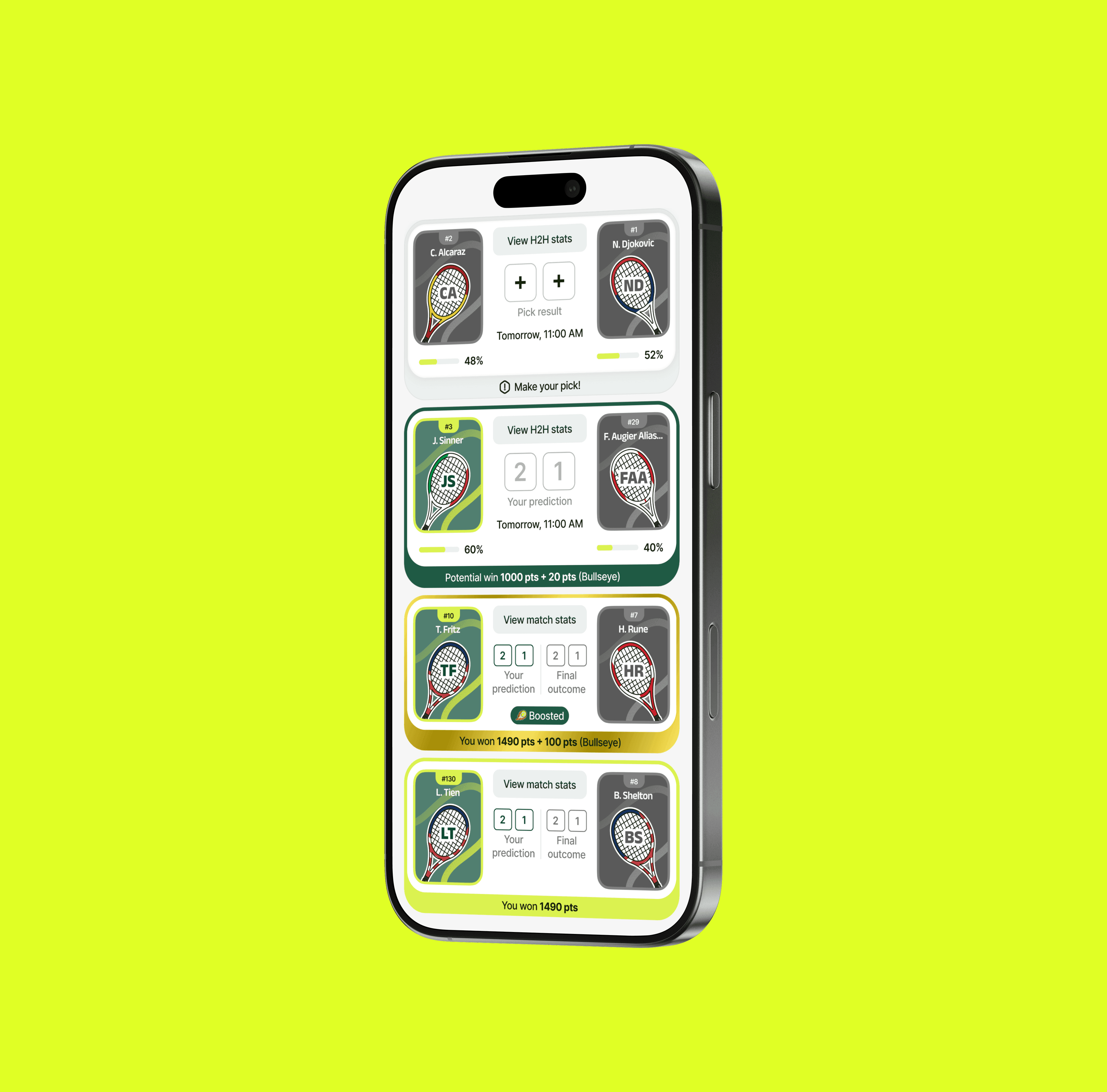 Fantasy tennis league screen in the Tweener app — a list of matches with predictions and results