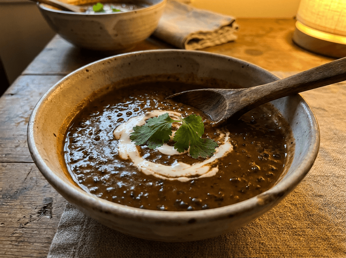 Creamy black dal makhani in a rustic ceramic bowl garnished with cream and cilantro
