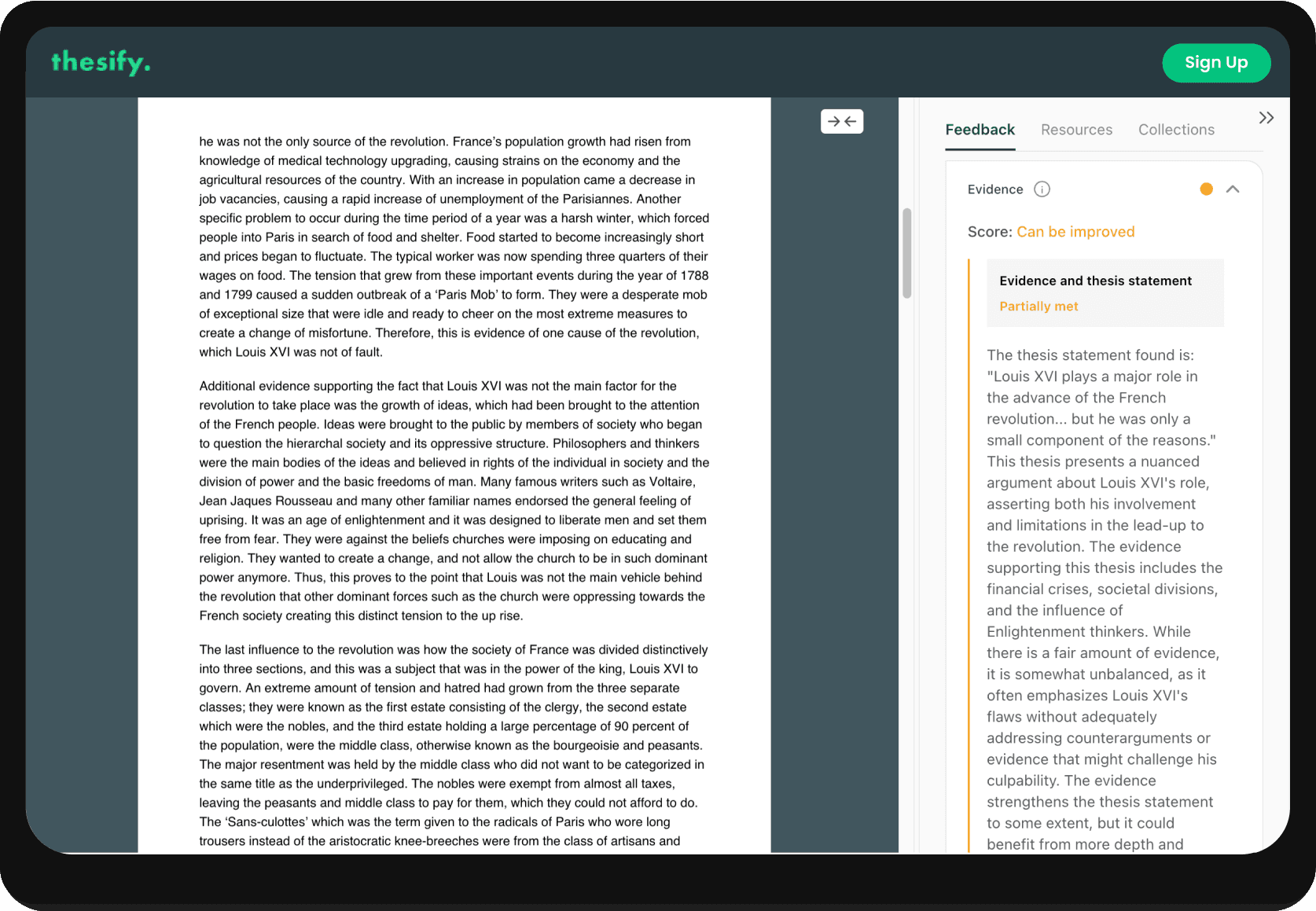 screenshot of thesify's feedback for evidence