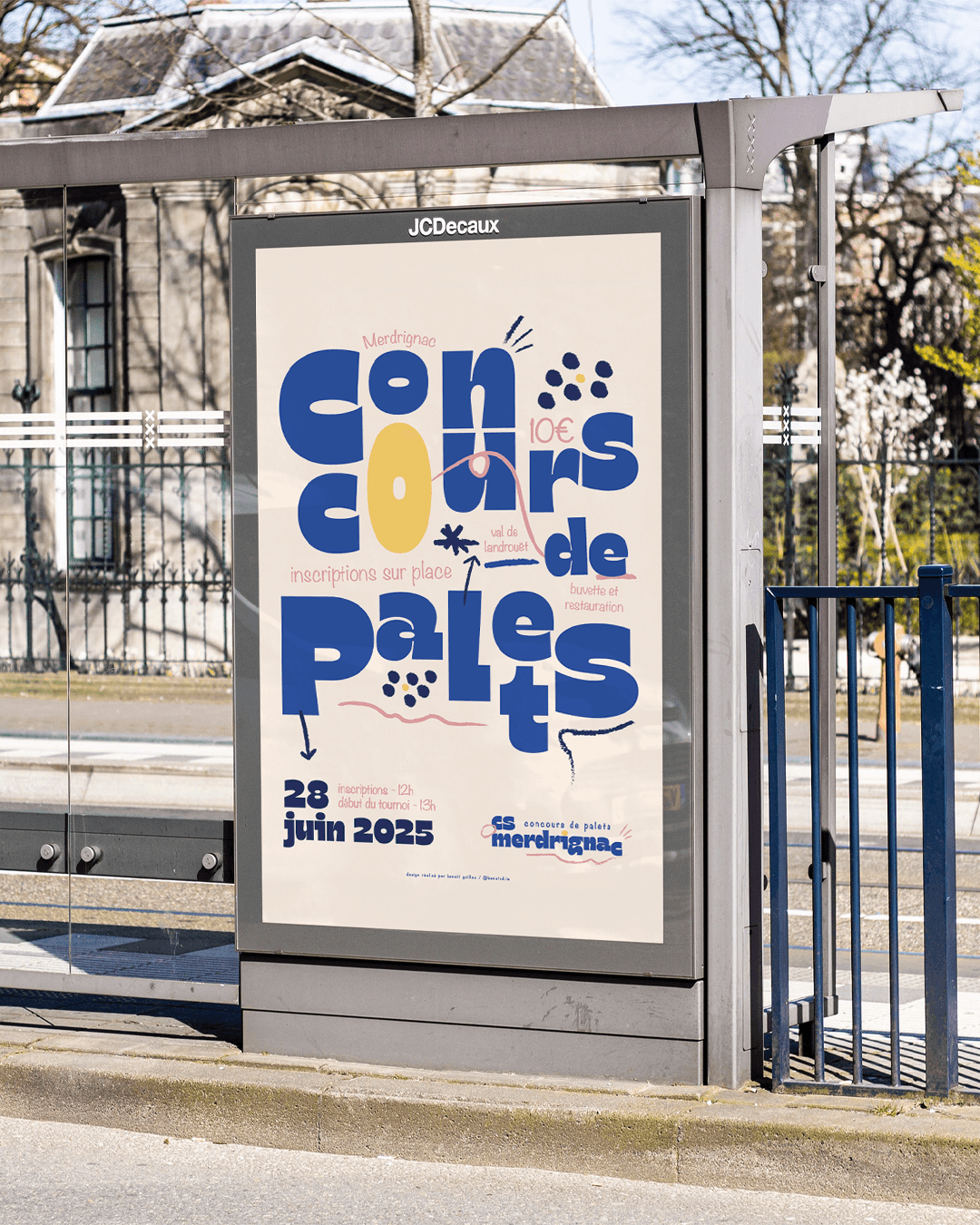 Affiche graphique et conceptuelle du concours de palets 2025 du CS Merdrignac, visuel moderne aux teintes estivales