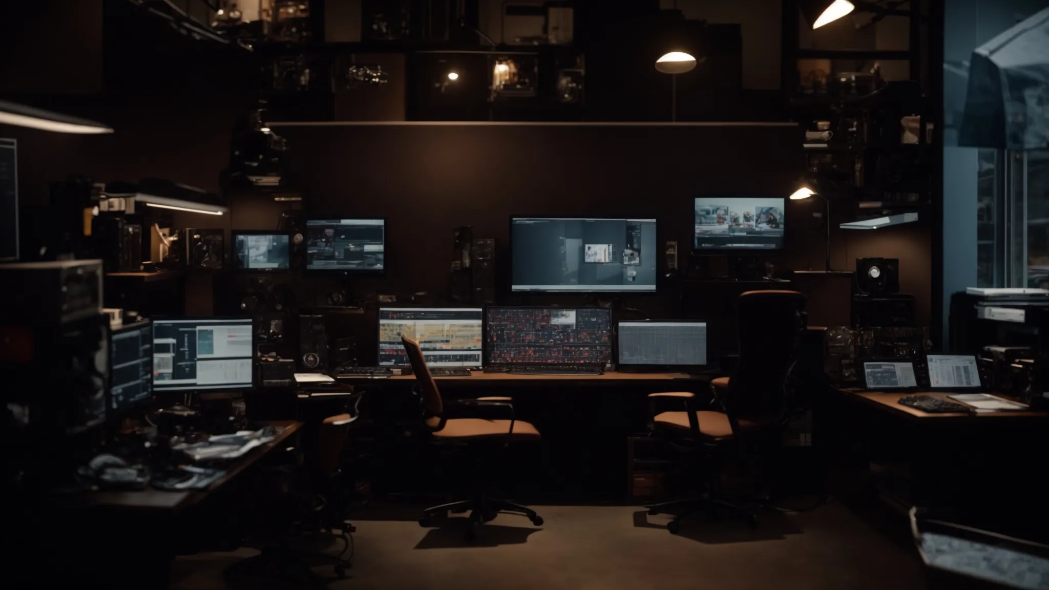 a film editor sits in a dimly lit studio, surrounded by multiple screens showing different movie scenes.