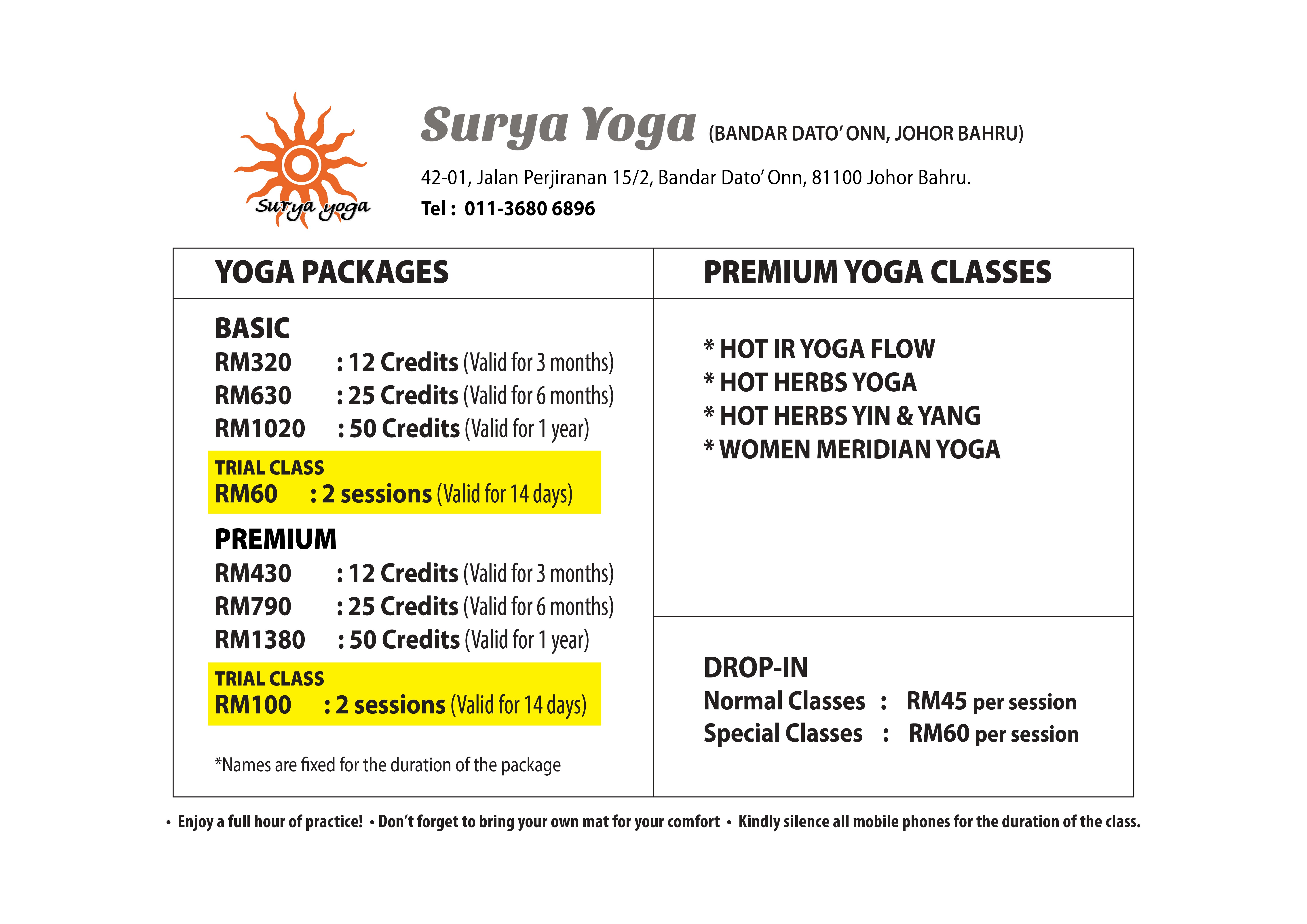 Surya Yoga Johor Bahru  Pricing