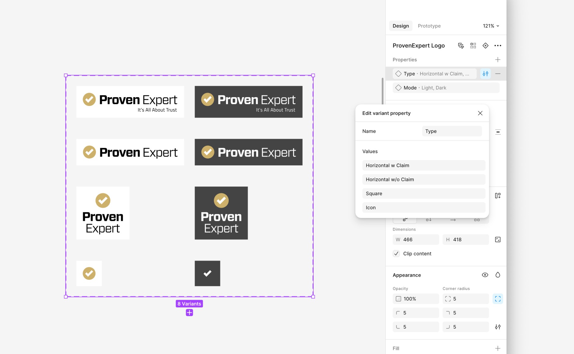 Eight ProvenExpert logo variants in a Figma component — horizontal with and without claim, square, and icon-only, each in light and dark — with the variant-property editor open.