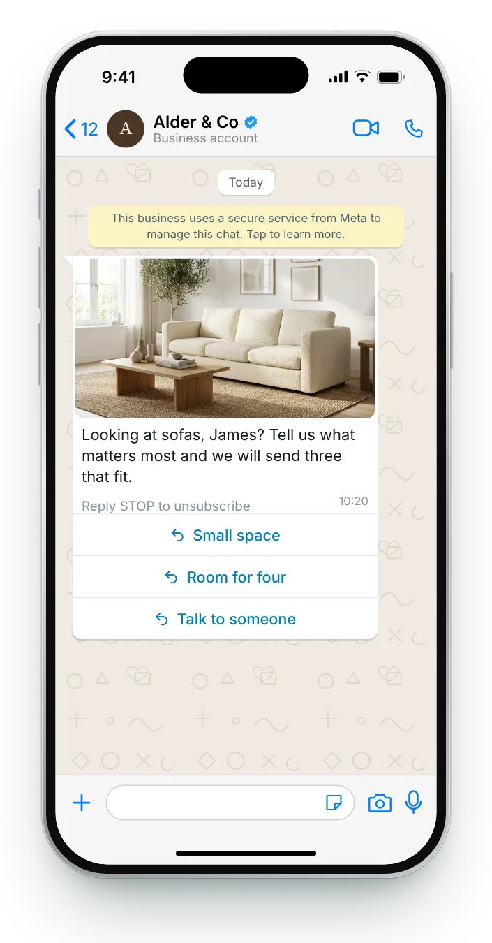Help choosing within a category: WhatsApp browse follow-up on an iPhone