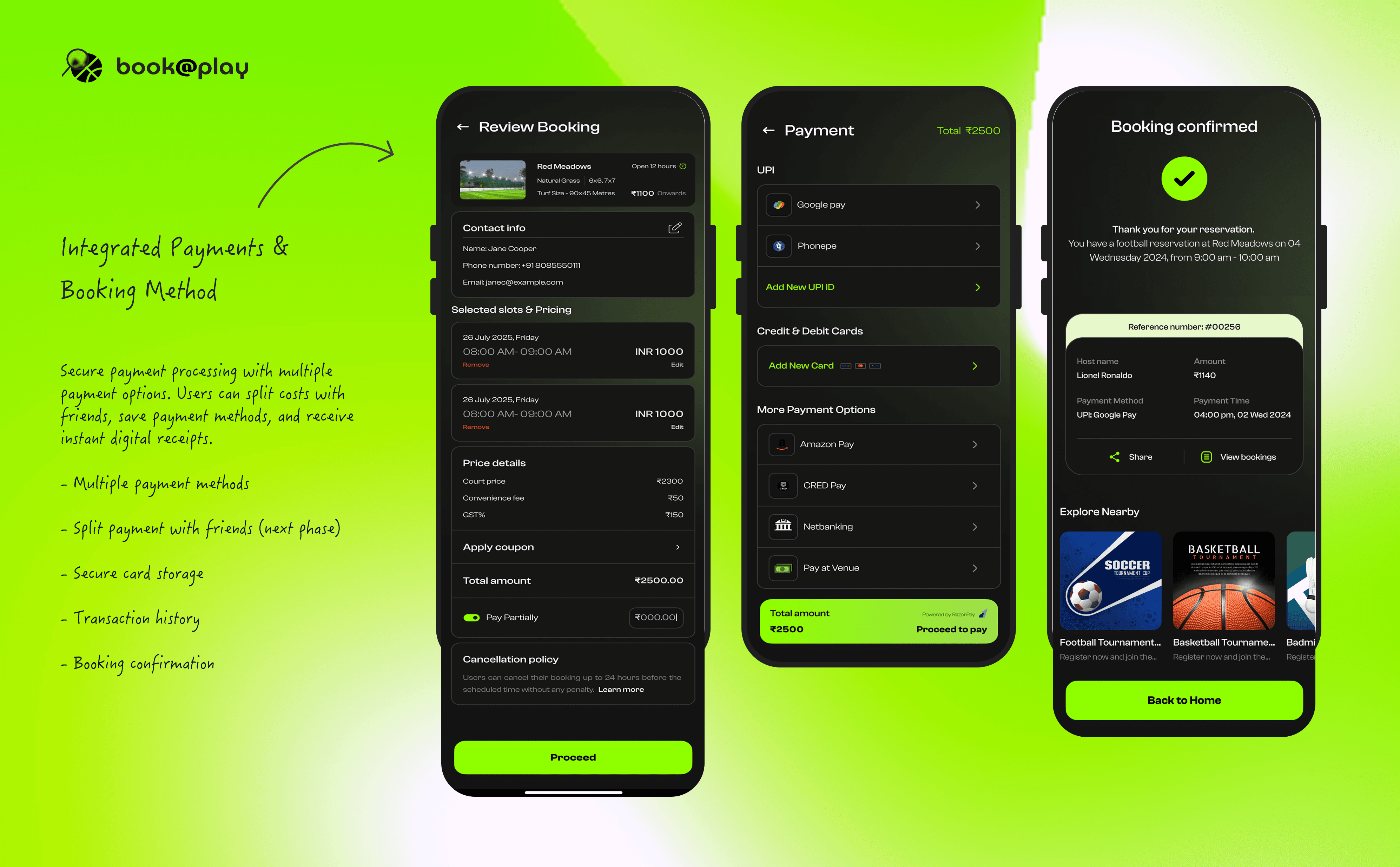 explaining screen for booking, payment & comfirmation screen