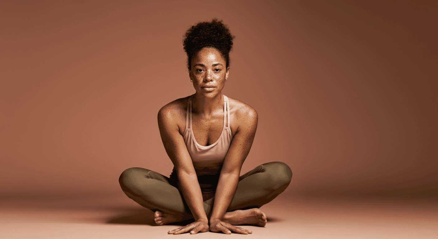 Woman sitting on the floor in a yoga outfit.