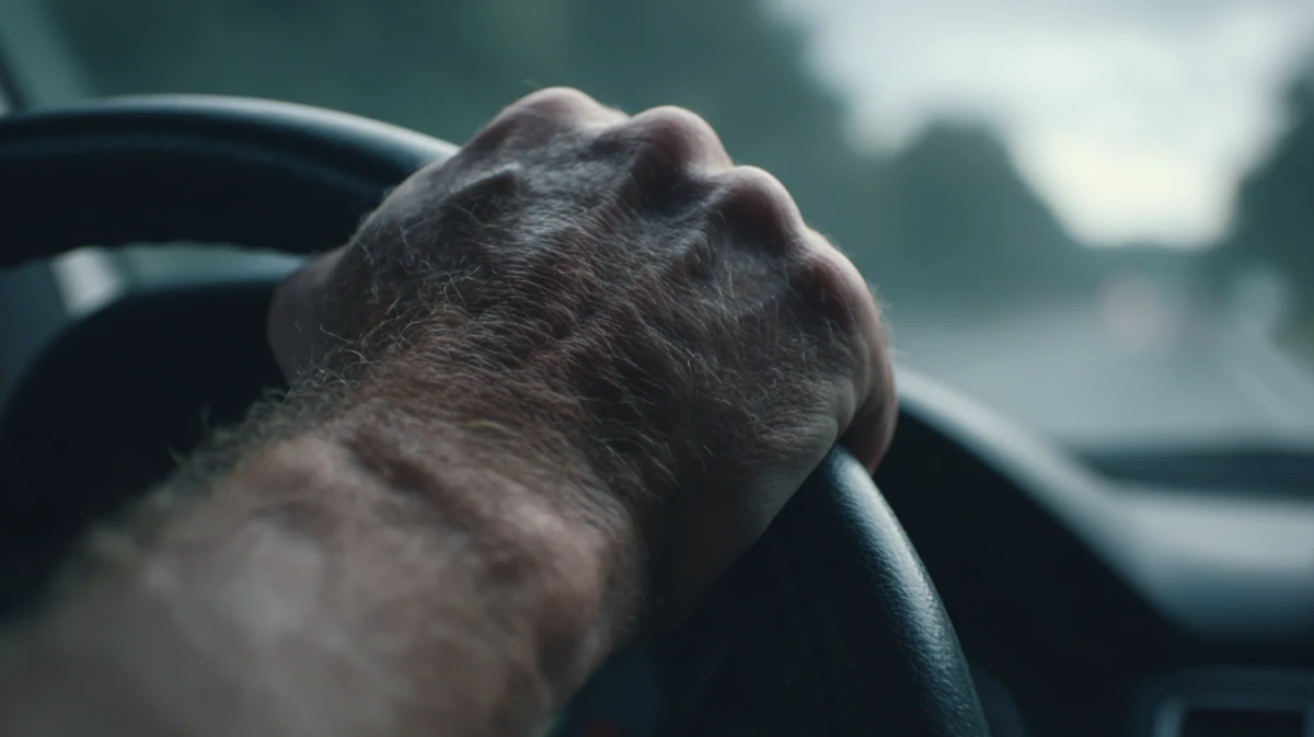 Close-up of clenched fist on steering wheel