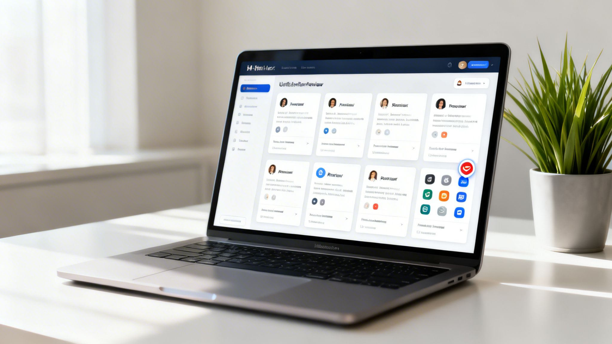 A laptop on a white desk displays a dashboard interface with user profiles and app icons, beside a green plant.