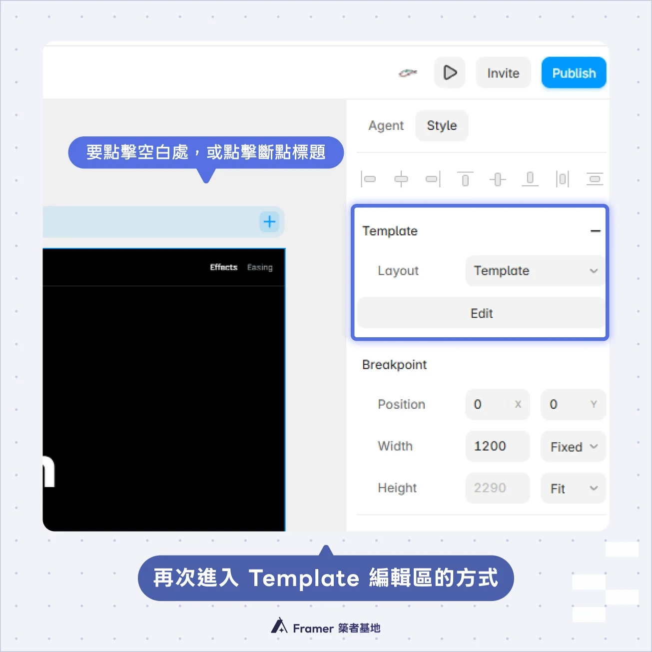 Framer 右側 Template 面板的 Edit 按鈕，用於再次進入 Layout Template 編輯畫布